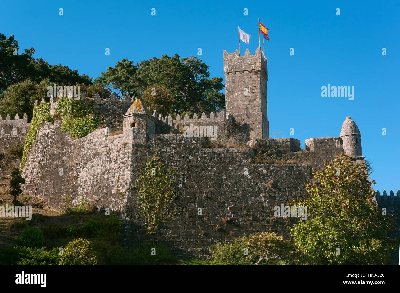 Il Castello di Monterreal, Bayona, provincia di Pontevedra, nella regione della Galizia, Spagna, Europa Foto Stock