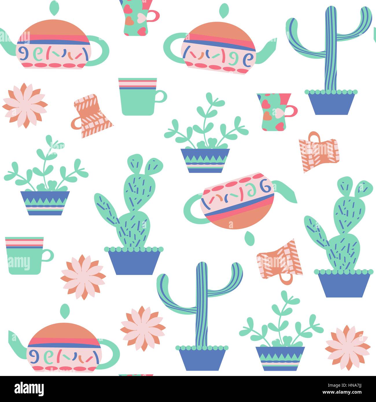 Bollitore per tè e cactus seamless pattern.it si trova nel menu swatch, illustrazione vettoriale Illustrazione Vettoriale