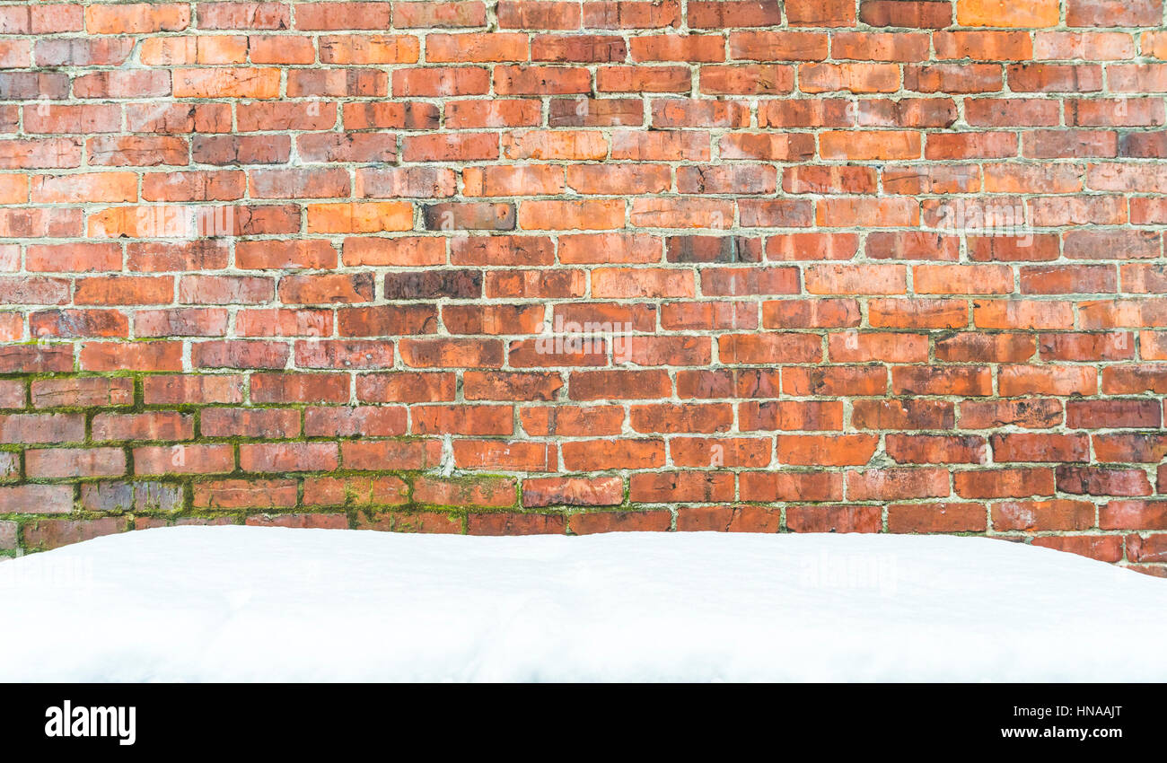Snow pavimento e muro di mattoni texture di sfondo,Pronto per il display del prodotto montage. Foto Stock