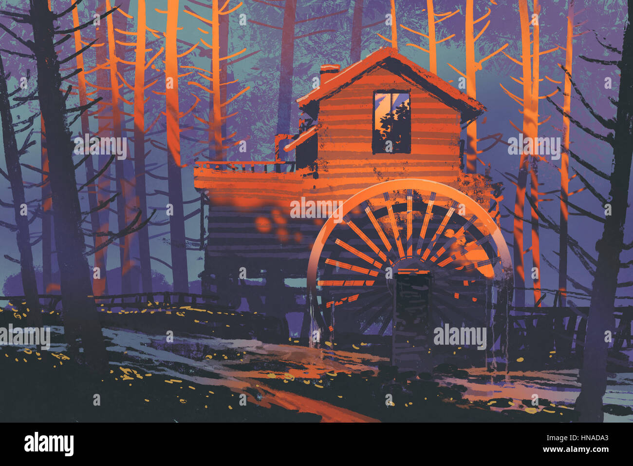 Casa in legno con un waterwheel nella foresta al tramonto, illustrazione pittura Foto Stock