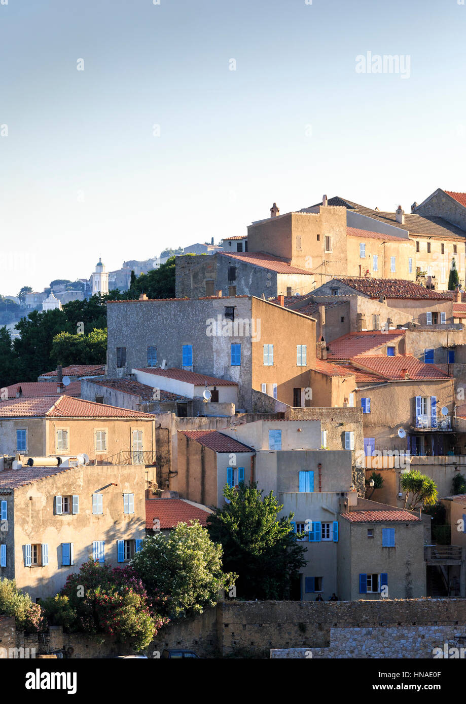 Vista del villaggio di collina di Pigna con Santa-Reparata-di-Balagna in background, la Balagne, Corsica, Francia Foto Stock