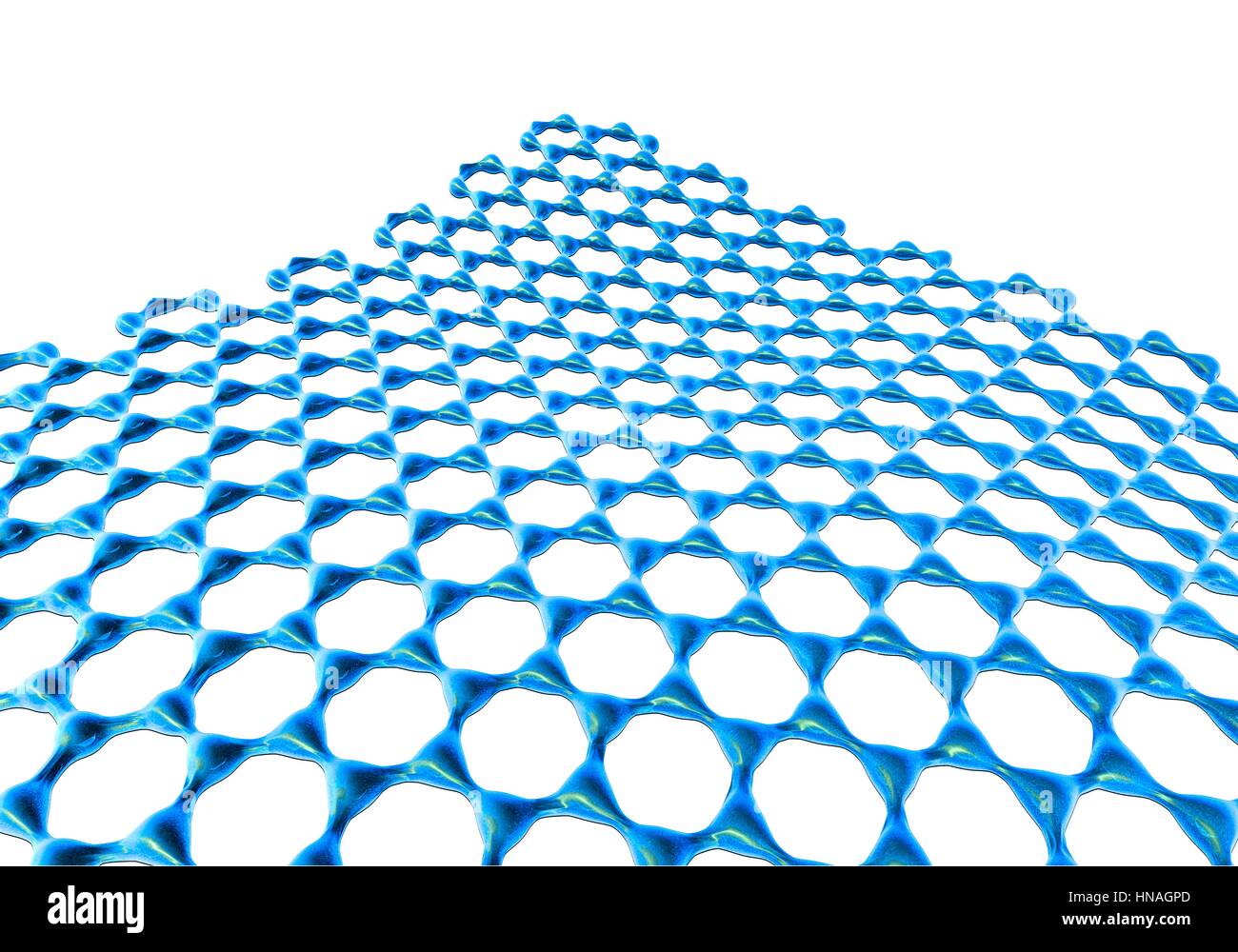 Foglio di grafene. Illustrazione della atomico-scala struttura molecolare del grafene, un singolo strato di grafite. Esso è composto di esagonale disposti atomi di carbonio legati da forti legami covalenti. Grafene è molto forte e flessibile. Esso trasporta elettroni altamente efficiente e un giorno potrebbe sostituire il silicio nei chip dei computer e di altre applicazioni della tecnologia. Foto Stock