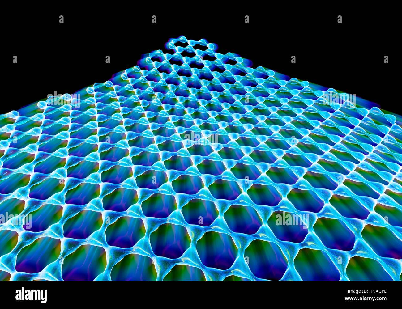 Foglio di grafene. Illustrazione della atomico-scala struttura molecolare del grafene, un singolo strato di grafite. Esso è composto di esagonale disposti atomi di carbonio legati da forti legami covalenti. Grafene è molto forte e flessibile. Esso trasporta elettroni altamente efficiente e un giorno potrebbe sostituire il silicio nei chip dei computer e di altre applicazioni della tecnologia. Foto Stock