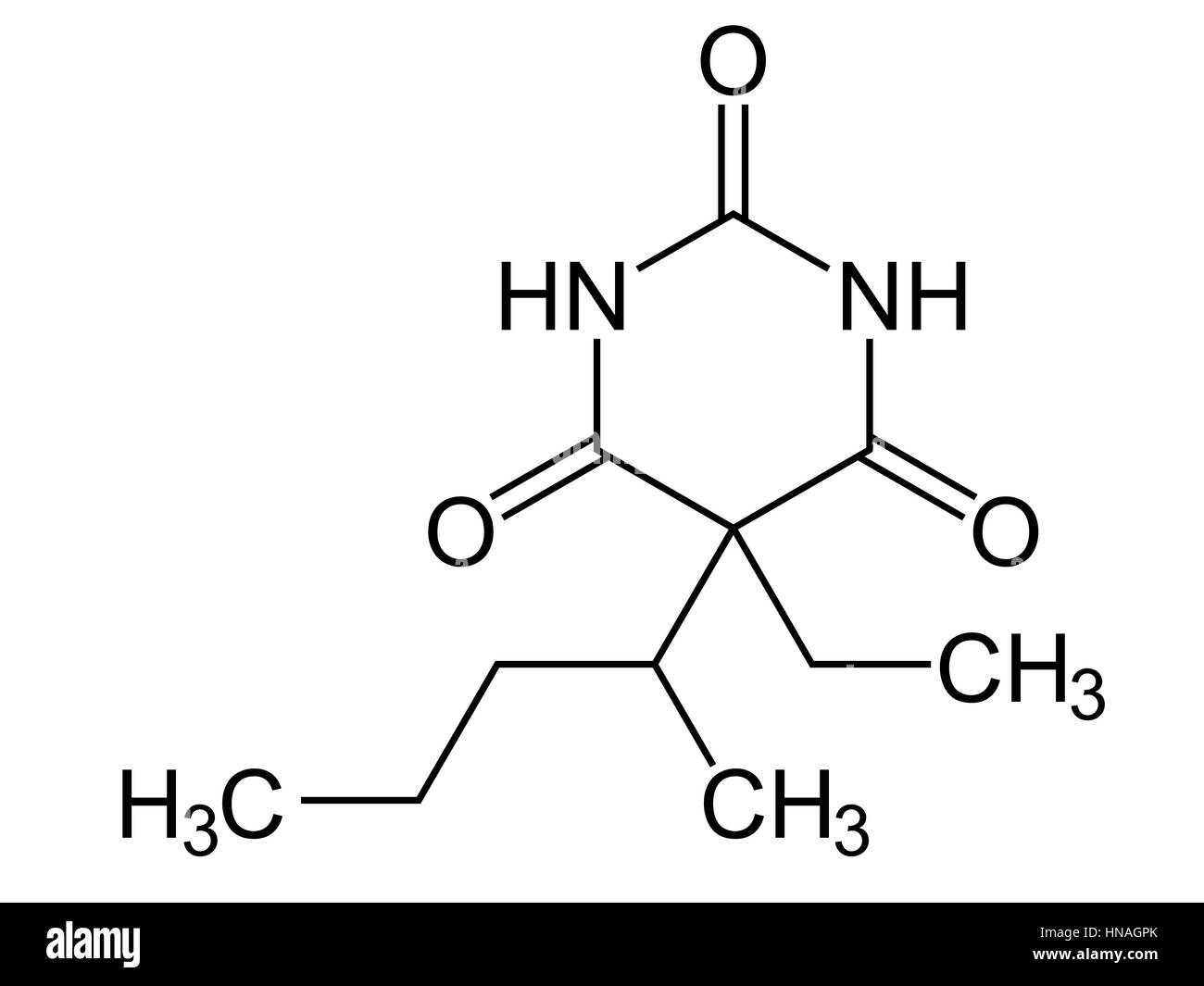Pentobarbital (Pentobarbitone ). Formula strutturale. Questo breve durata di azione di barbiturato ha sedativi, ipnotici, preanesthetic e effetti anticonvulsivante. Oggi è utilizzato principalmente in pena capitale esecuzioni e il suicidio assistito. Foto Stock
