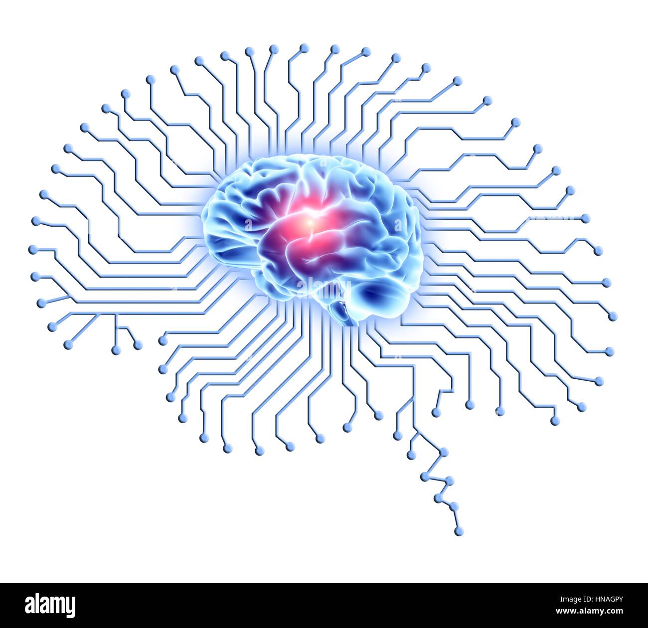 Cervello umano sul cervello a forma di scheda a circuito stampato. Calcolatore concettuale artwork raffigurante l'intelligenza artificiale. Foto Stock