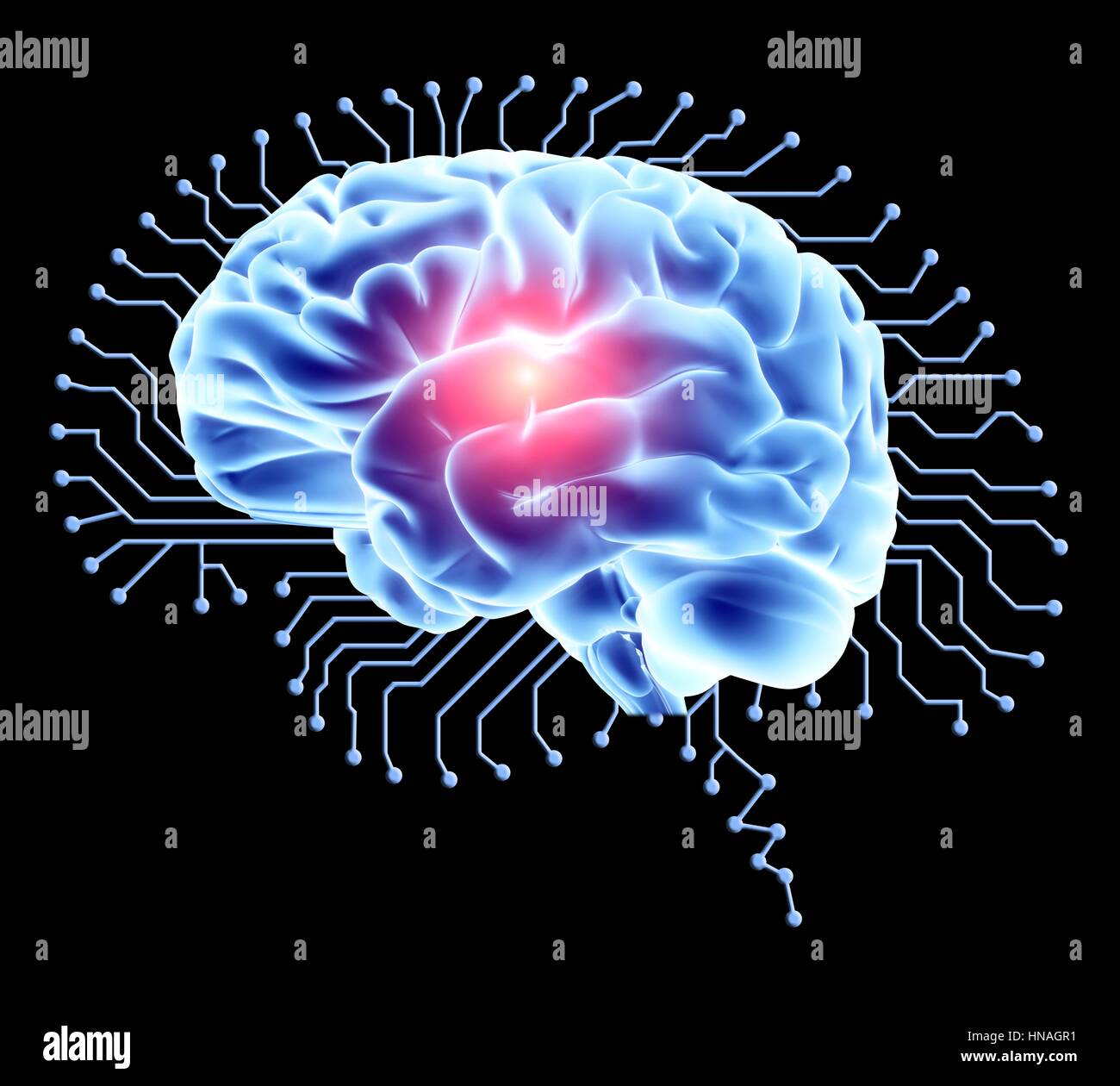 Cervello umano sul cervello a forma di scheda a circuito stampato. Calcolatore concettuale artwork raffigurante l'intelligenza artificiale. Foto Stock
