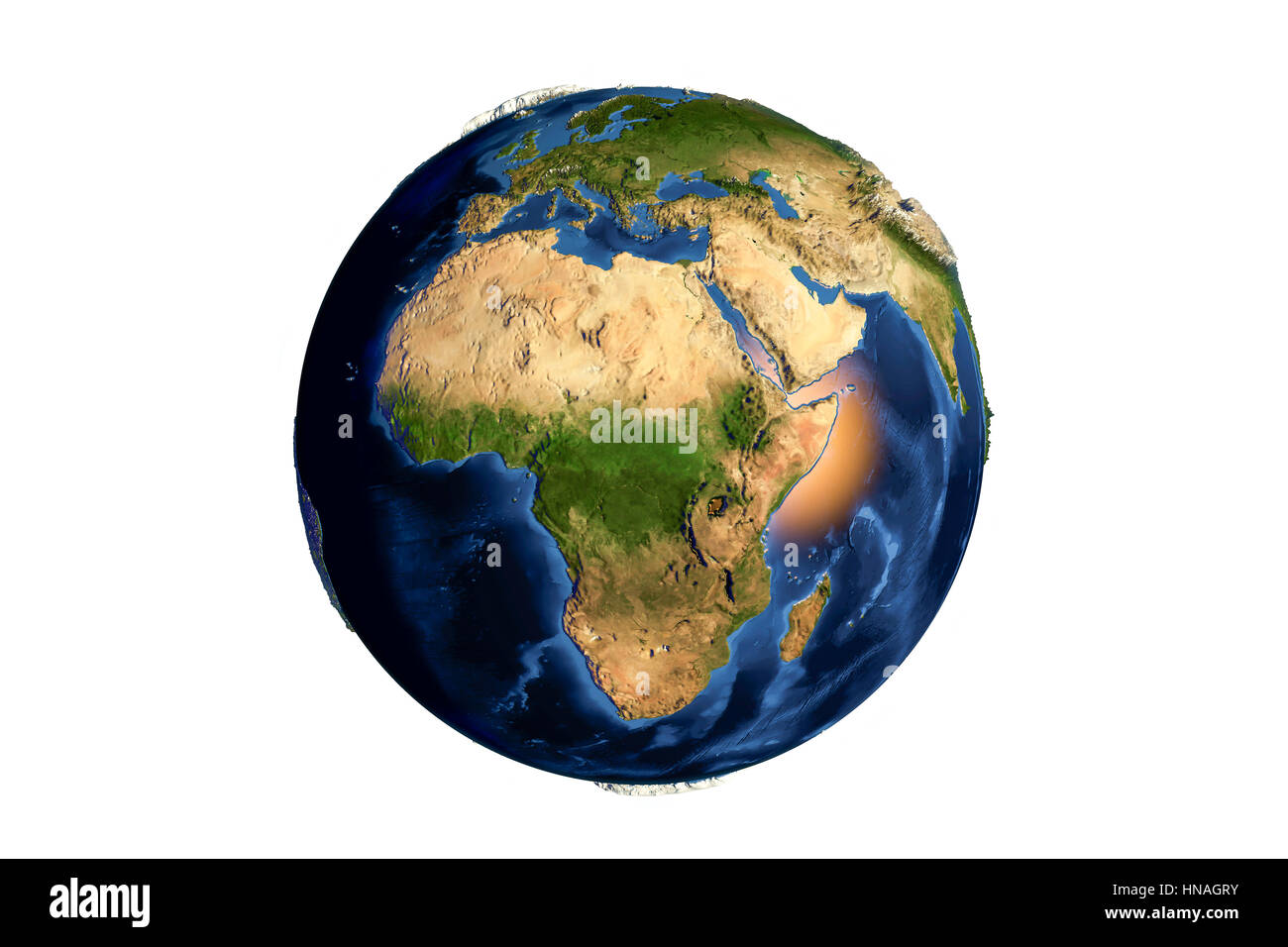 La terra dallo spazio. Computer illustrazione che mostra la terra come visto dallo spazio, centrato sull'Africa. Europa (superiore) e del Medio Oriente (Superiore destro) può essere visto. Foto Stock