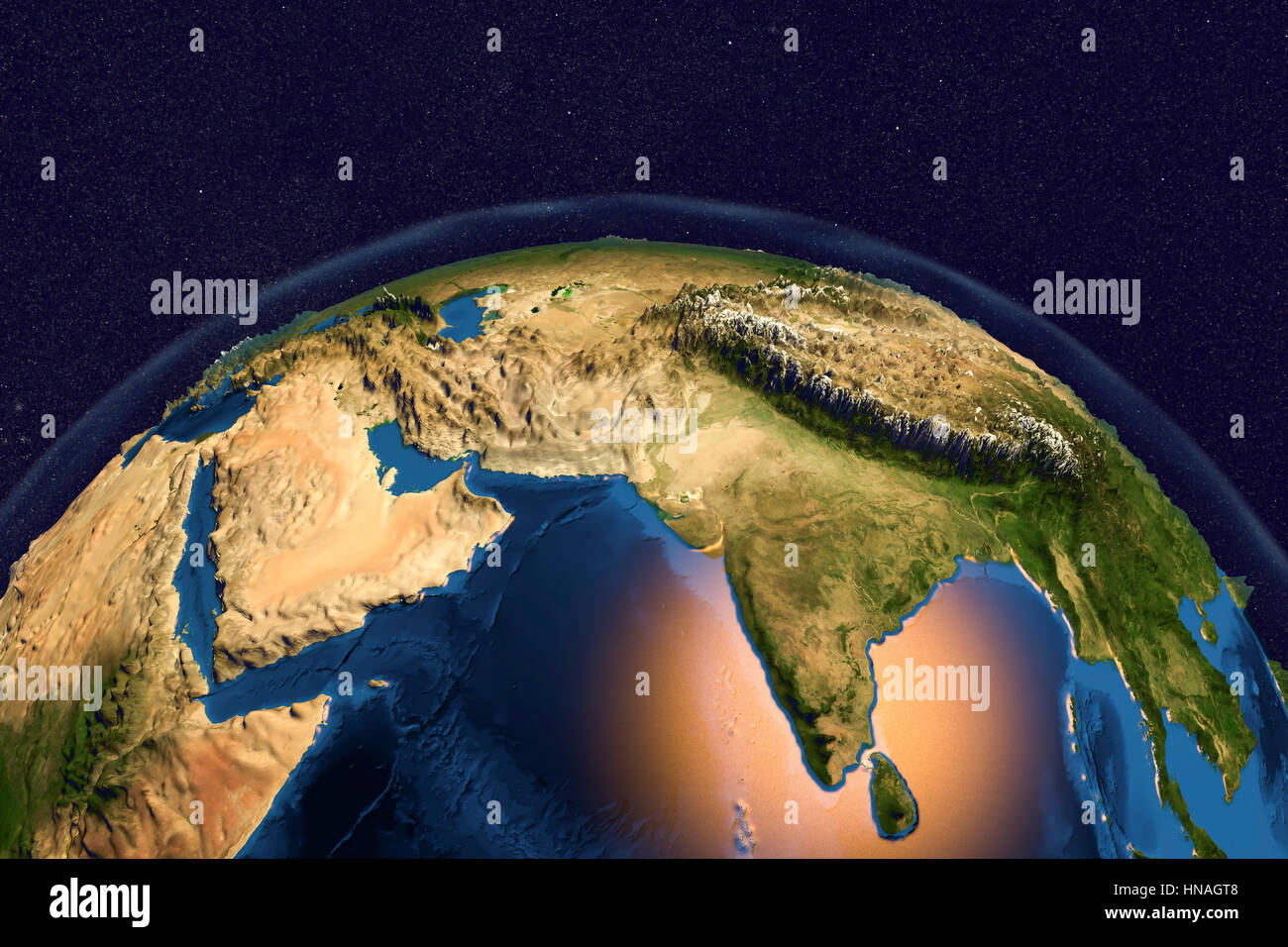 La terra dallo spazio. Computer illustrazione che mostra la terra come visto dallo spazio, centrato su India e il Mare Arabico. La penisola arabica (sinistra) e l'Himalaya (Superiore destro) può essere visto. Foto Stock