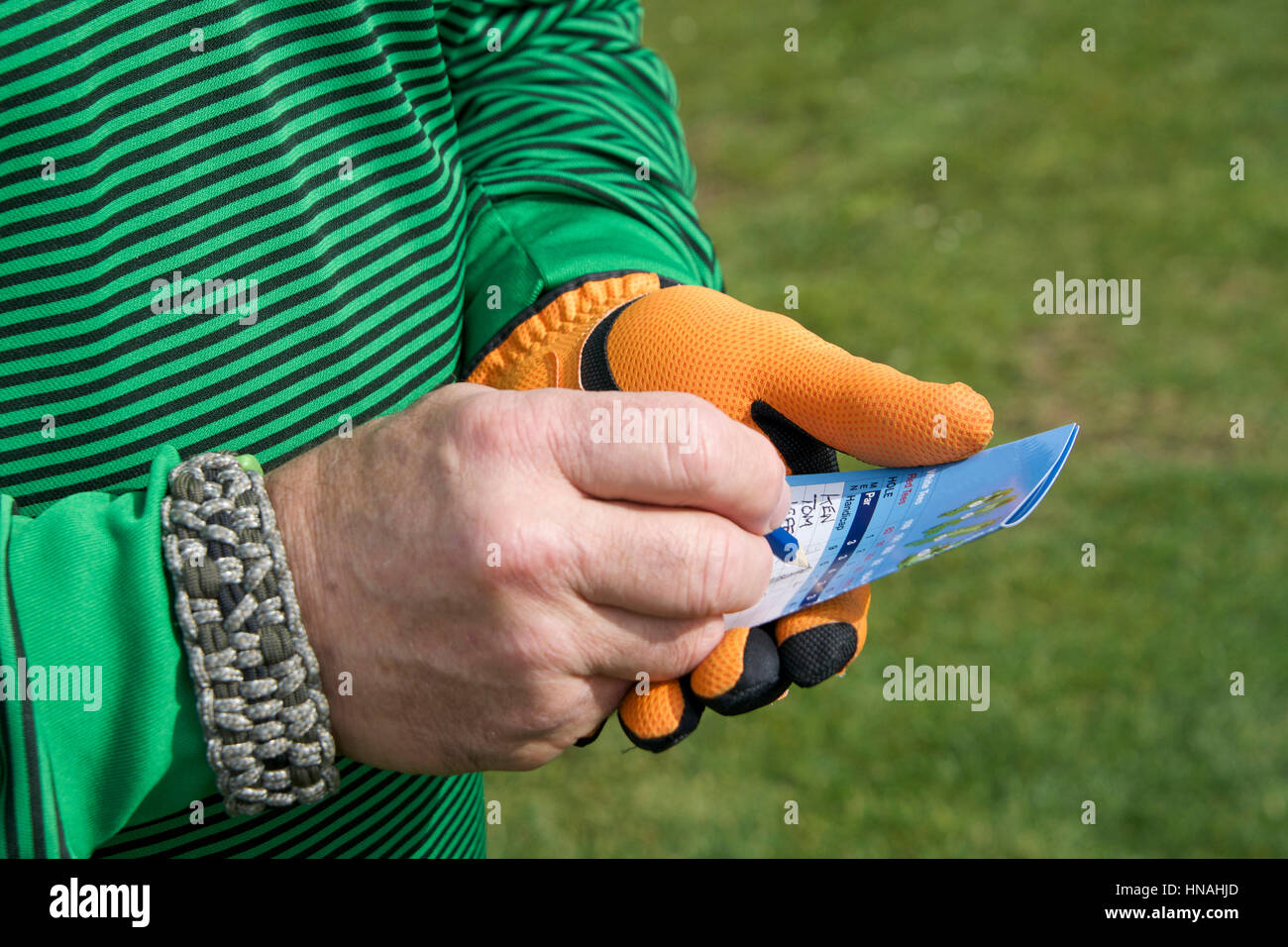 Maschio con mano golf score card tenere il punteggio a scrivere il punteggio con erba verde del campo da golf in background. Indossare un braccialetto di sopravvivenza. Foto Stock