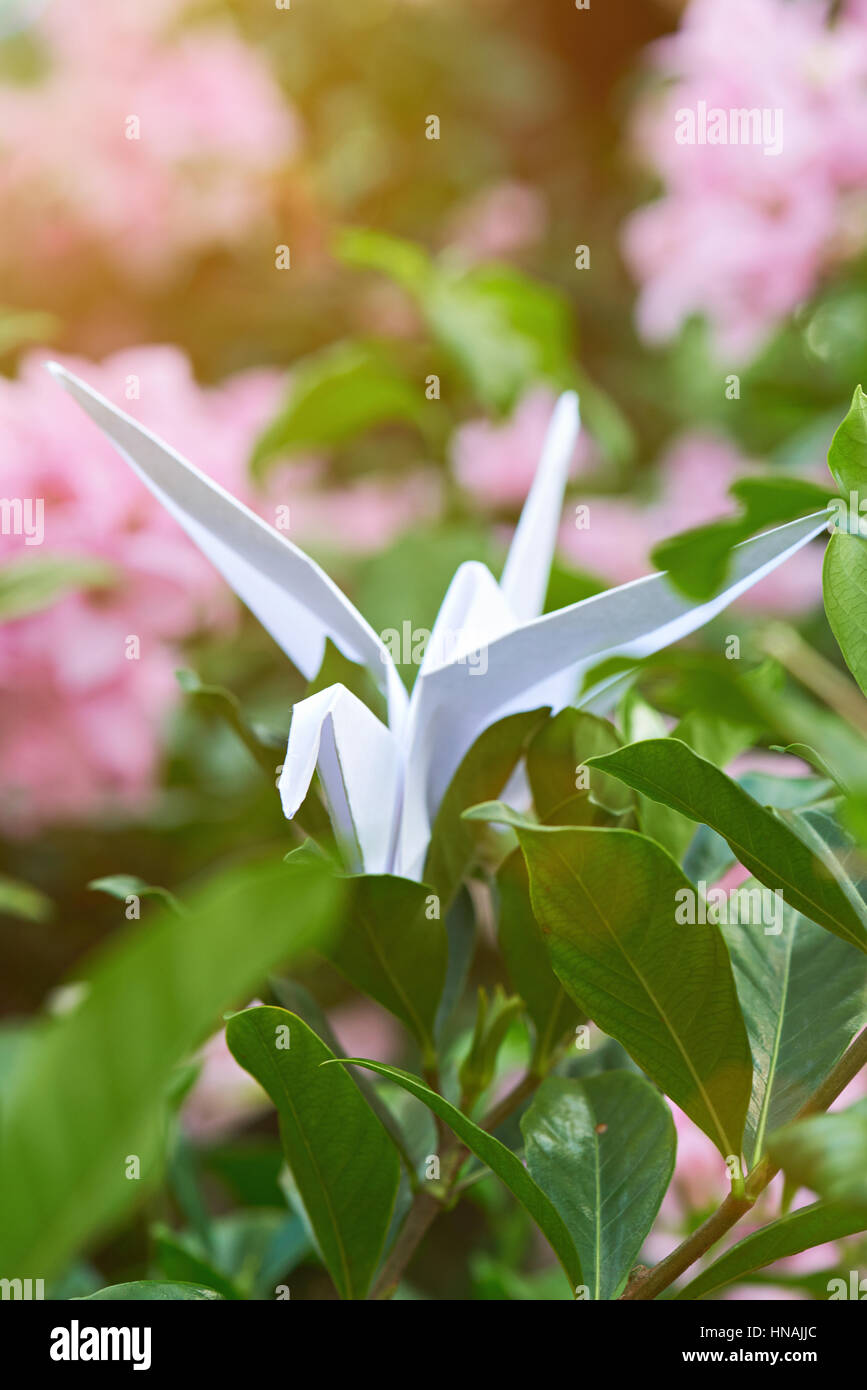 Carta Origami gru sul giardino sfocata sullo sfondo. Un origami in foglie di albero Foto Stock