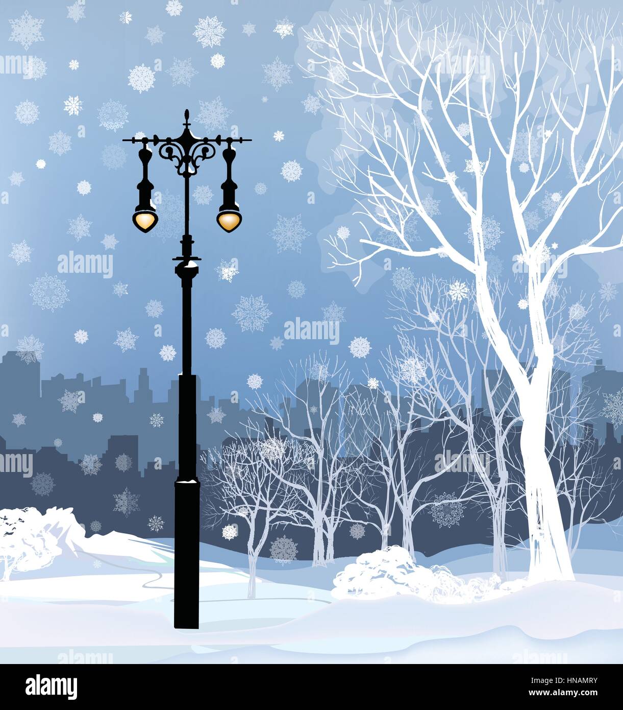 Natale paesaggio invernale con strada luminosa lanterna, fiocchi di neve e alberi. old street luce nel parco cittadino vicolo della neve. Illustrazione Vettoriale