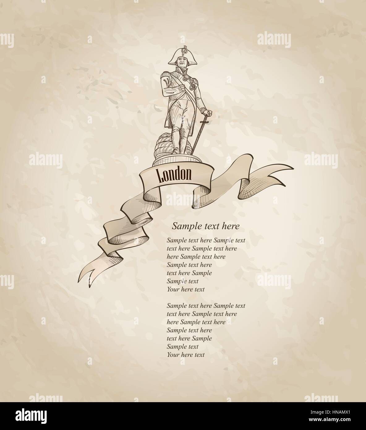 Simbolo di londra vintage sfondo con copia spazio. l'ammiraglio Nelson statua colonna su Trafalgar Square, Londra, Inghilterra, Regno Unito. Illustrazione Vettoriale