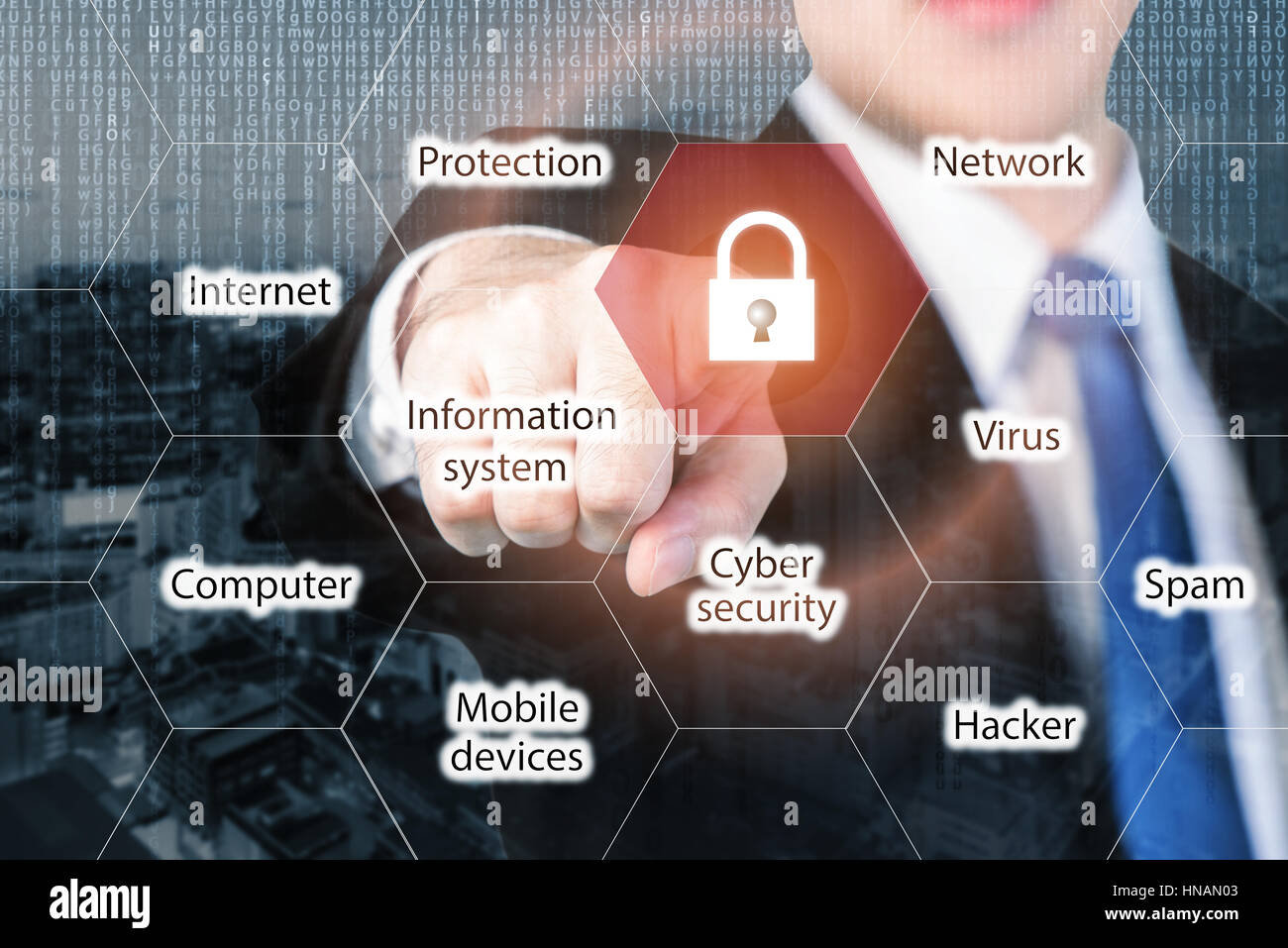 Imprenditore premendo il pulsante di sicurezza su schermi virtuali per internet e per la sicurezza di rete. Business, tecnologia Internet e networking concetto. Foto Stock