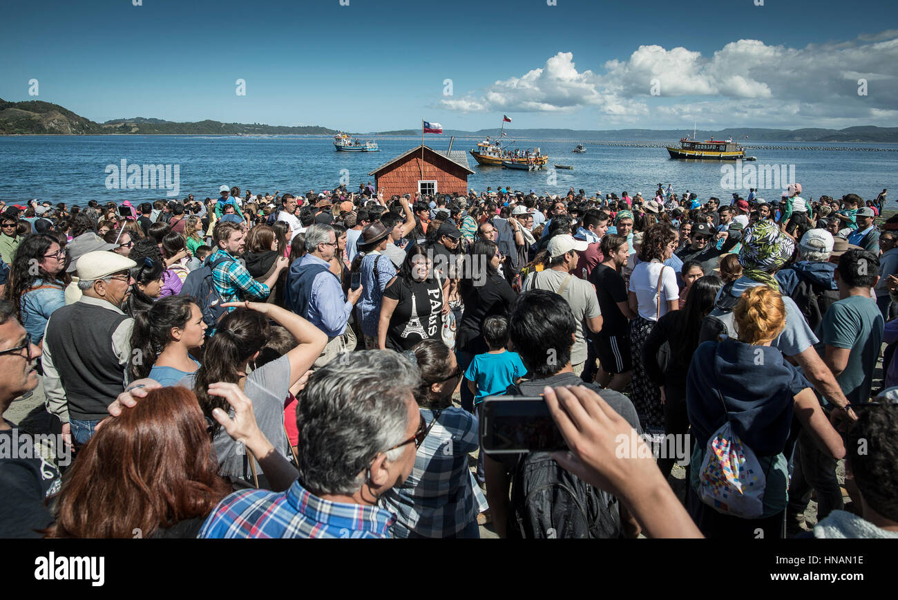 Minga in Chiloé, Cile. Liucura, isola di Lemuy, Arcipelago di Chiloé. Testimonianza della cultura che ancora persiste in alcuni luoghi distanti del Cile. Foto Stock