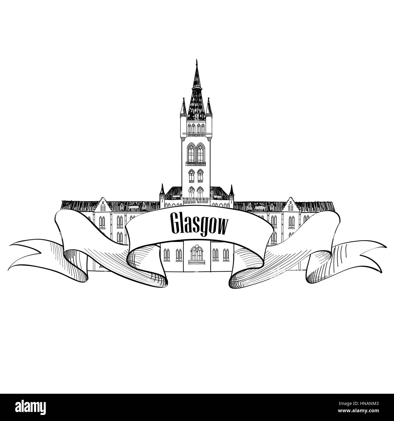 Viaggiare in Scozia segno. Glasgow University, Regno Unito. città inglese famoso edificio. vettore isolato di etichetta. Illustrazione Vettoriale