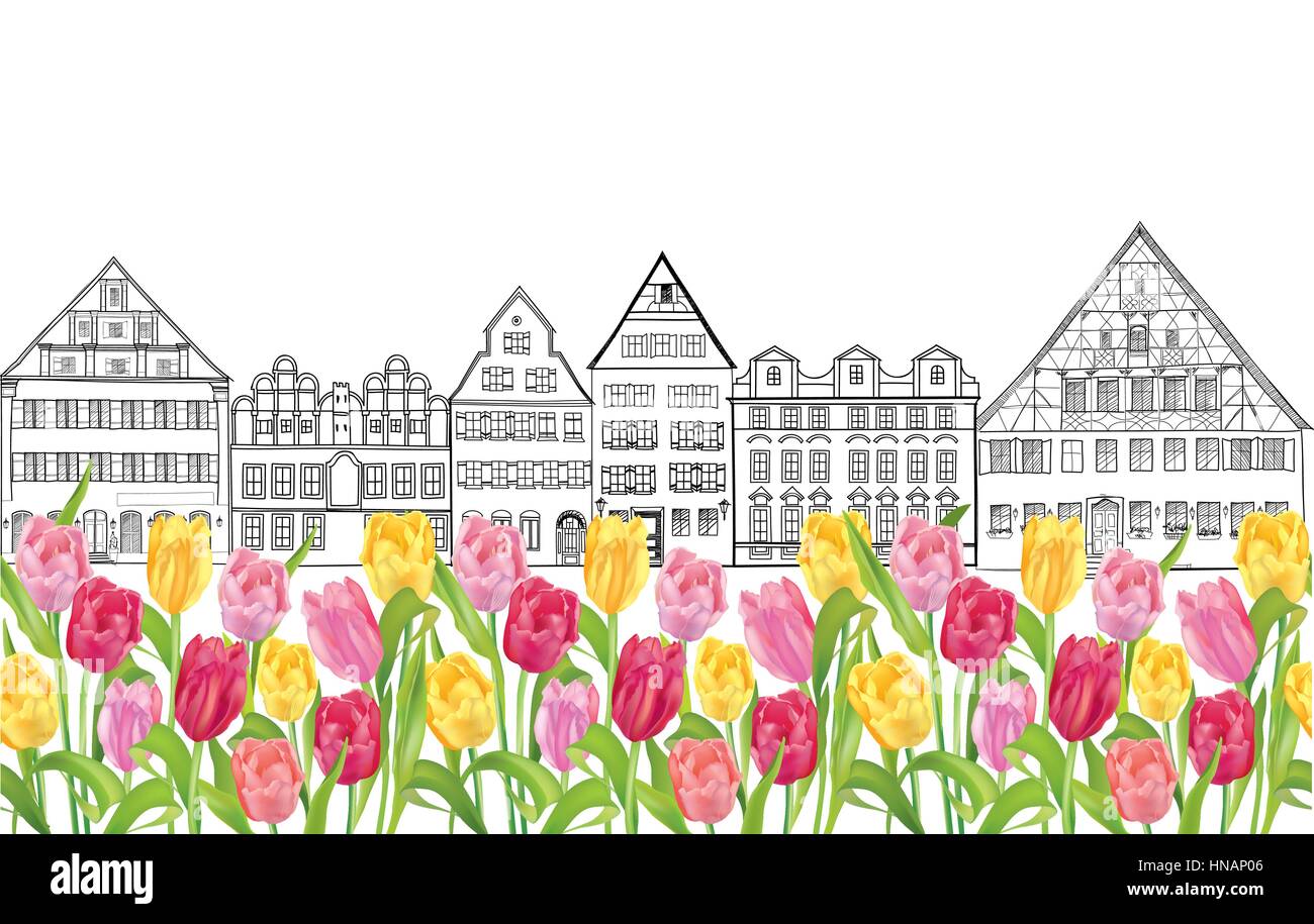 Vecchi edifici e case di Amsterdam con fiore tulipani vicolo. sfondo senza giunture. Illustrazione Vettoriale