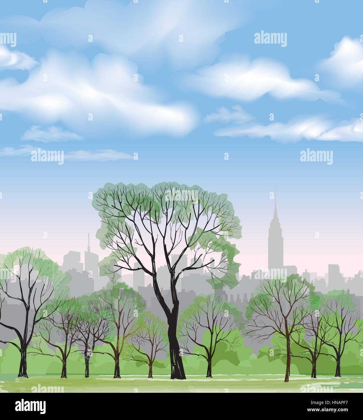 Panca e lampione in parco su sfondo della città. paesaggio di central park a new york. Stati Uniti d'America. Illustrazione Vettoriale