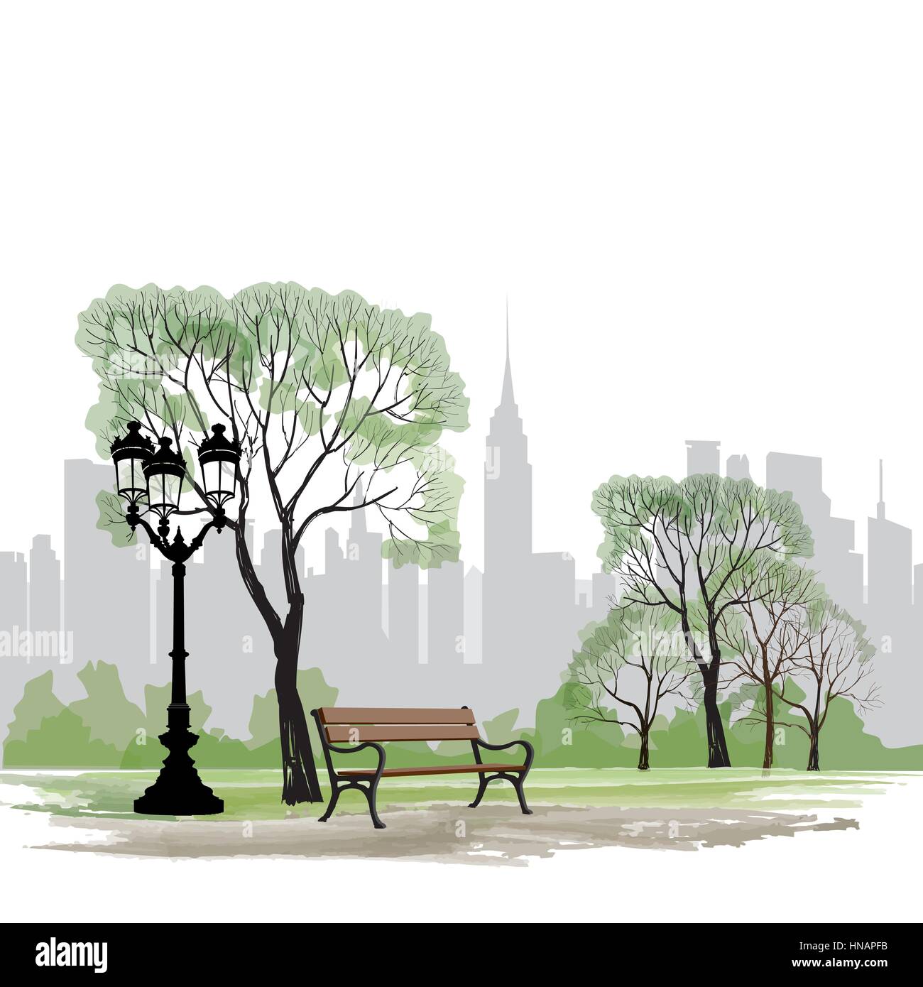 Panca e lampione in parco su sfondo della città. paesaggio di central park a new york. Stati Uniti d'America. Illustrazione Vettoriale
