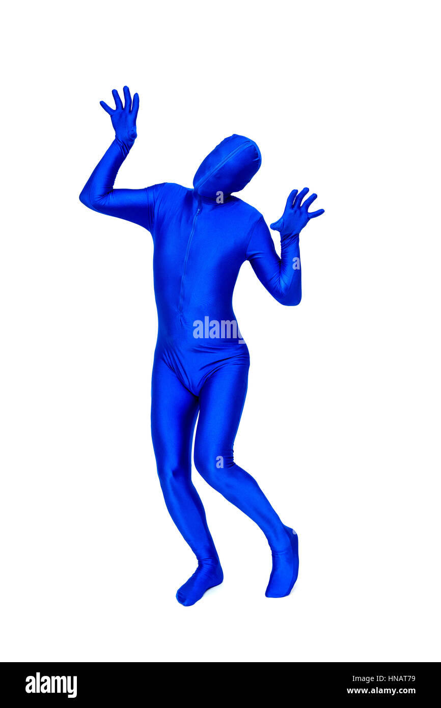 Misterioso uomo blu in morphsuit gesti con le mani Foto Stock