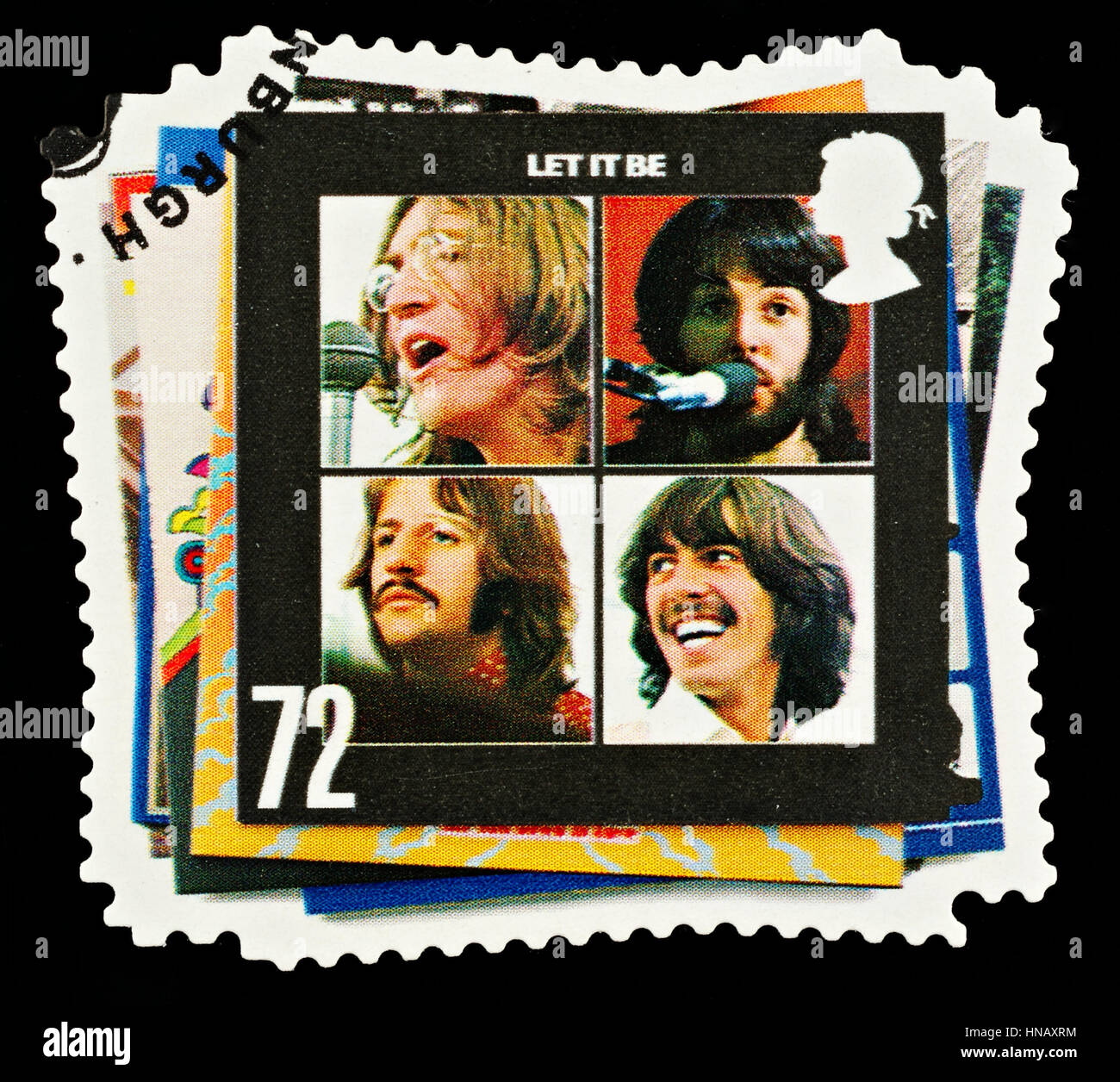 Regno Unito - circa 2007: Un British usato Francobollo che mostra i Beatles gruppo pop e il Let it Be copertina Album Foto Stock