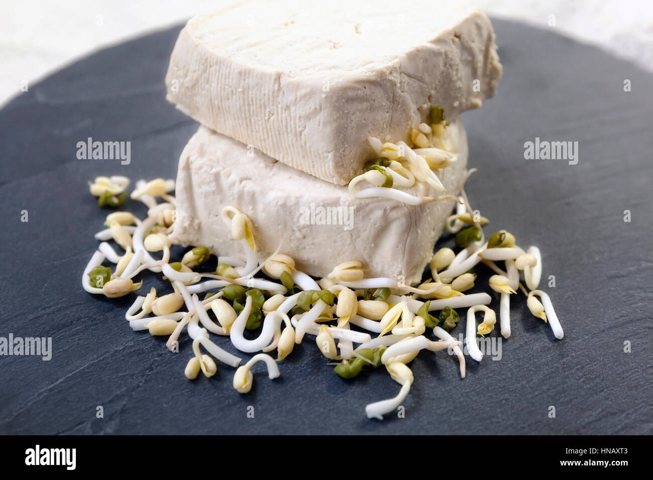 Materie tofu pezzi su un basamento in pietra del bordo e la soia, il materiale grezzo dal quale si ottiene il tofu. Foto Stock