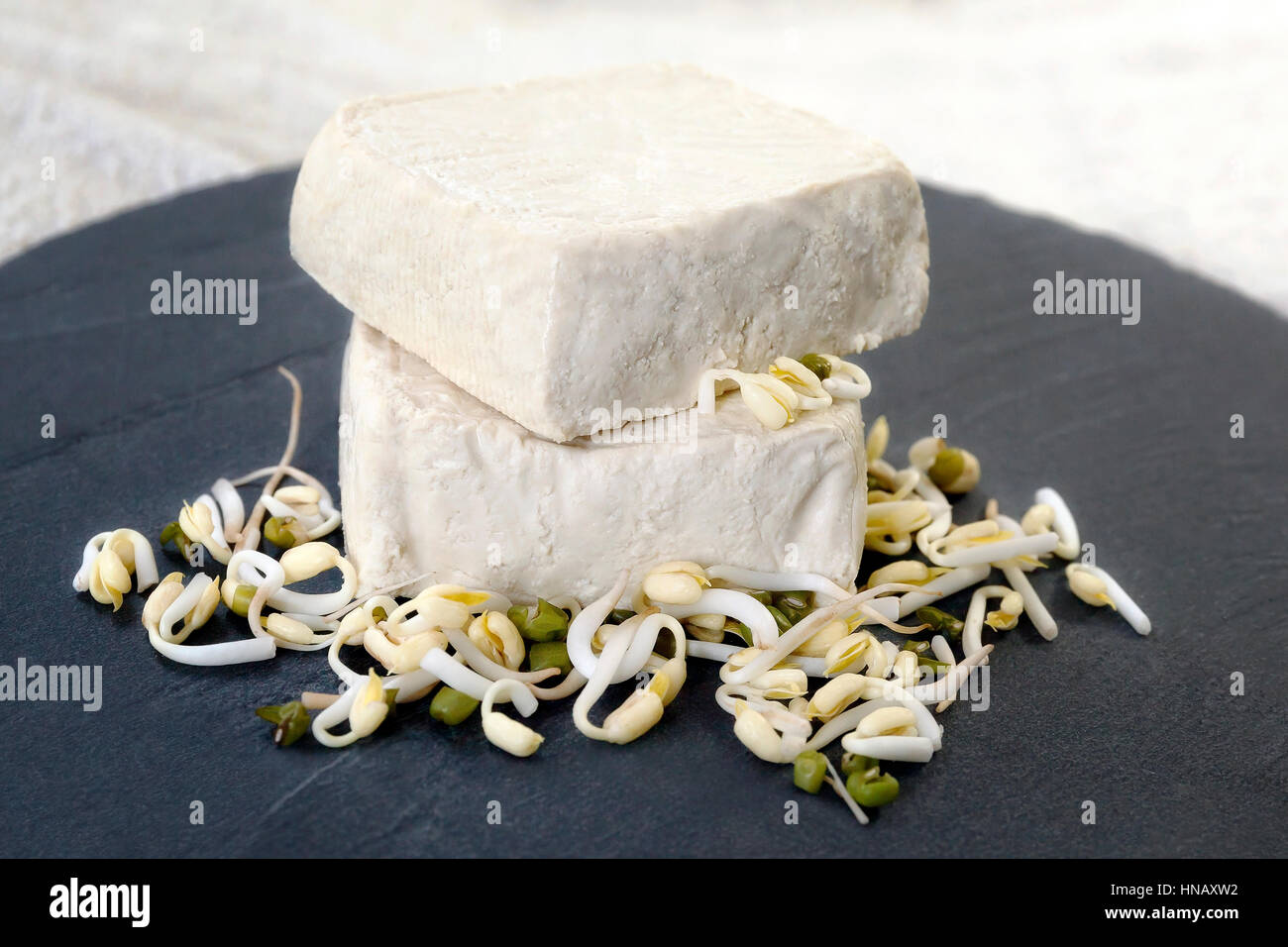 Materie tofu pezzi su un basamento in pietra del bordo e la soia, il materiale grezzo dal quale si ottiene il tofu. Foto Stock