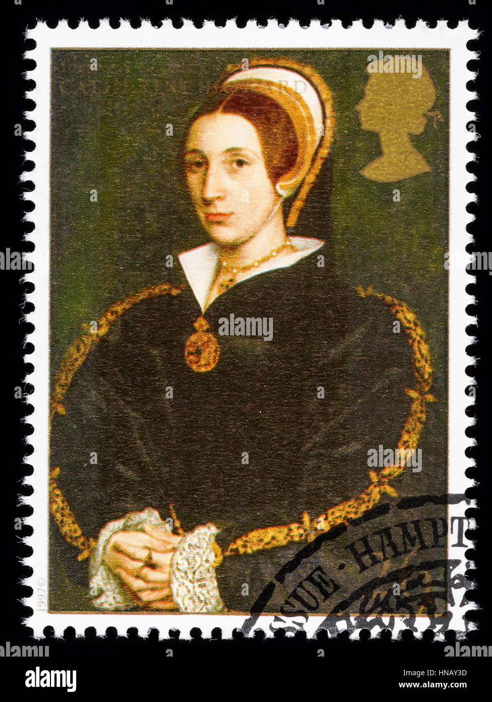Regno Unito - circa 1997: usato francobollo stampato in Gran Bretagna per commemorare il Re Enrico VIII mostra Catherine Howard una delle sue numerose mogli Foto Stock