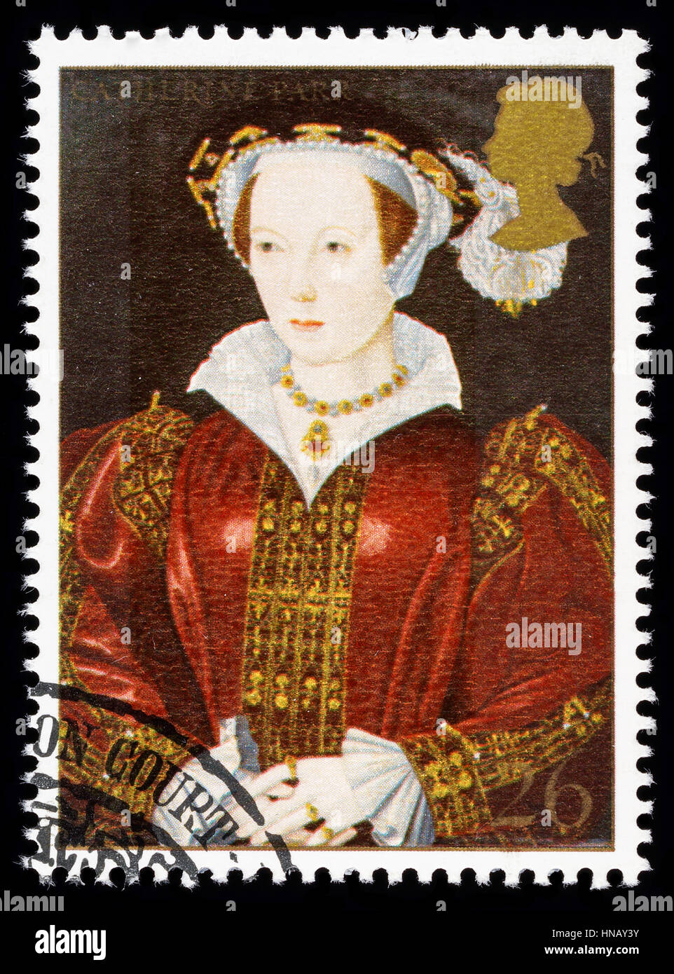 Regno Unito - circa 1997: usato francobollo stampato in Gran Bretagna per commemorare il Re Enrico VIII mostra Catherine Parr una delle sue numerose mogli Foto Stock
