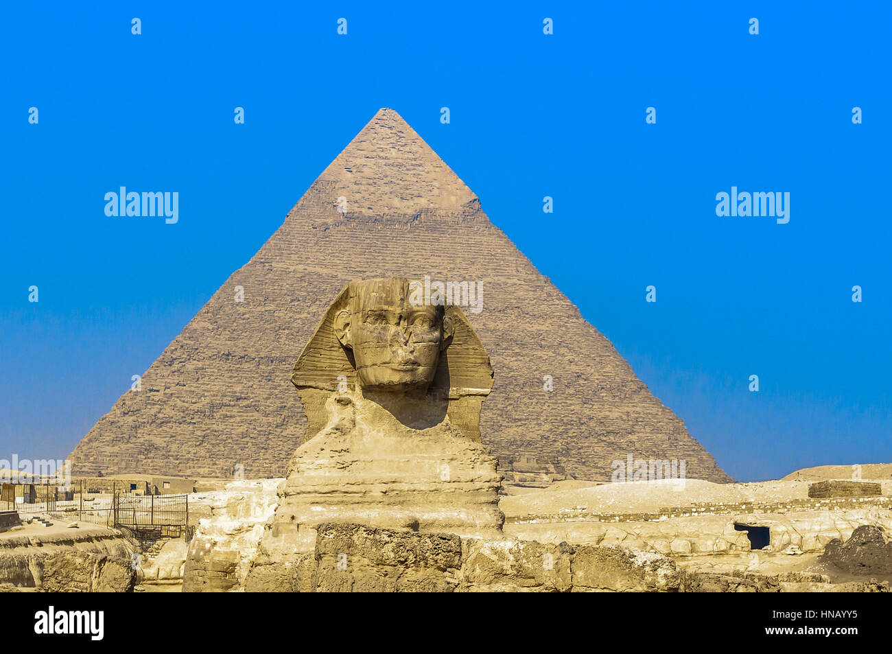 La sfinge e le piramidi di Giza, Il Cairo Foto Stock