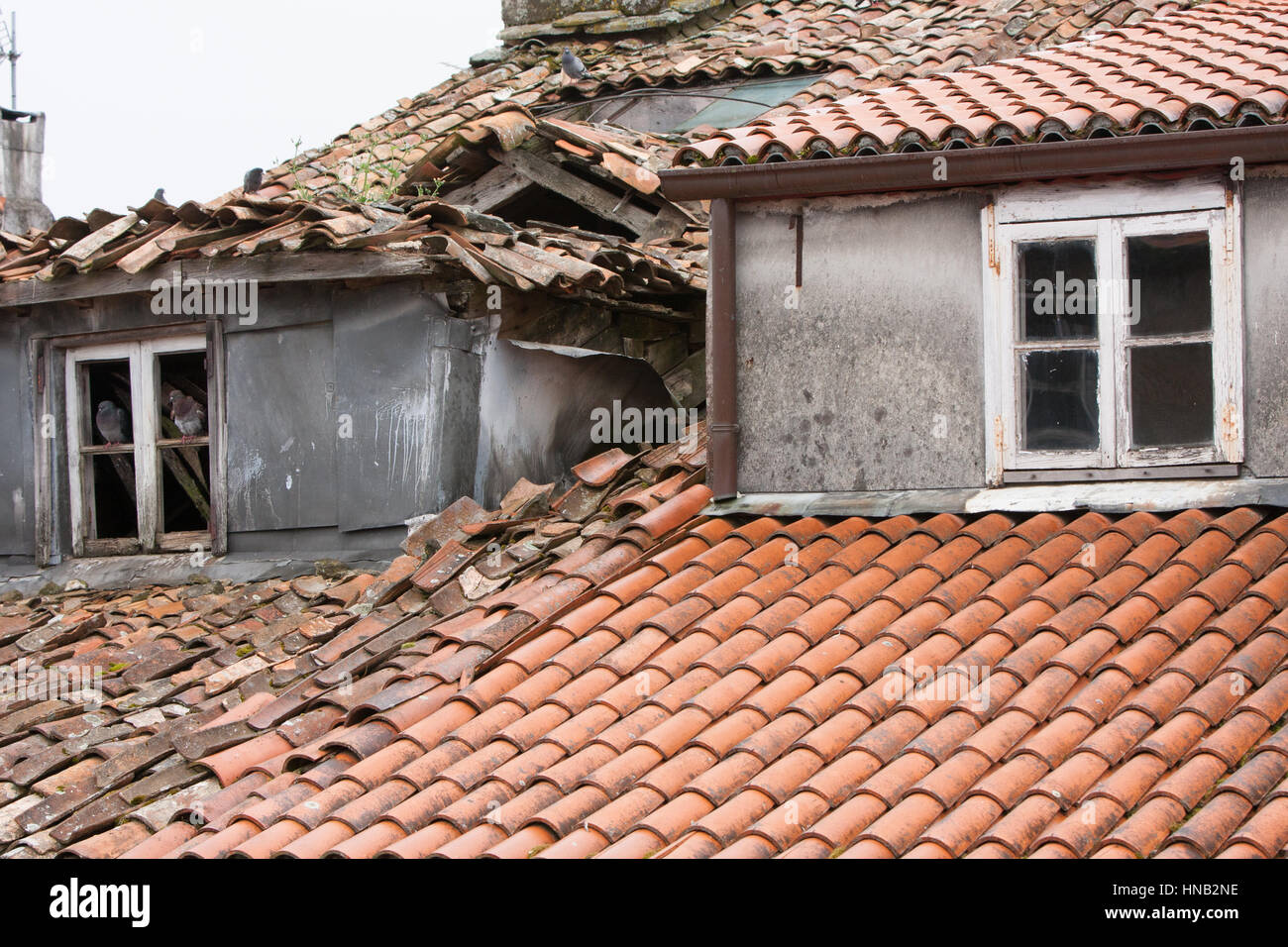 Tetto in necessità di riparazione.piastrelle rotte sulla vecchia proprietà che ha bisogno di manutenzione.Un progetto per mantenere.Santiago centro,Galizia,Spagna,l'Europa. Foto Stock