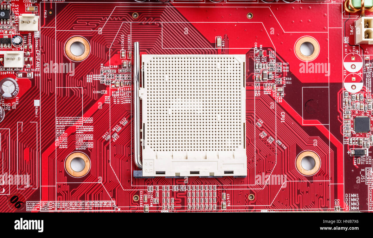 Moderno e scheda a circuito stampato con componenti elettronici sfondo macro Foto Stock