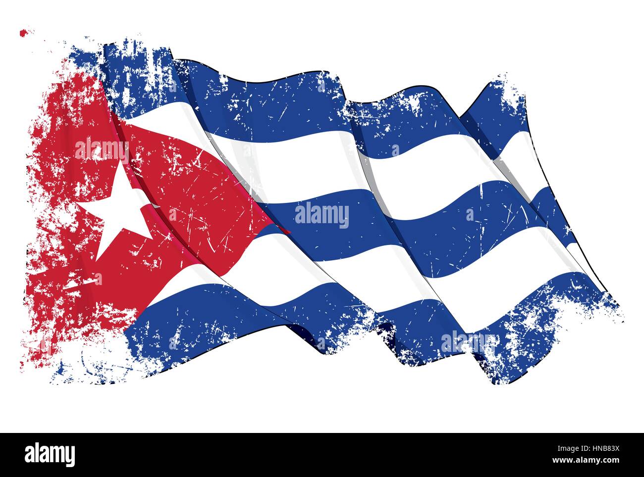 Grunge illustrazione vettoriale di una sventola bandiera cubana. Tutti elementi ben organizzato. Texture, righe, ombreggiature e colori di bandiera su livelli separati per una facile ed Illustrazione Vettoriale