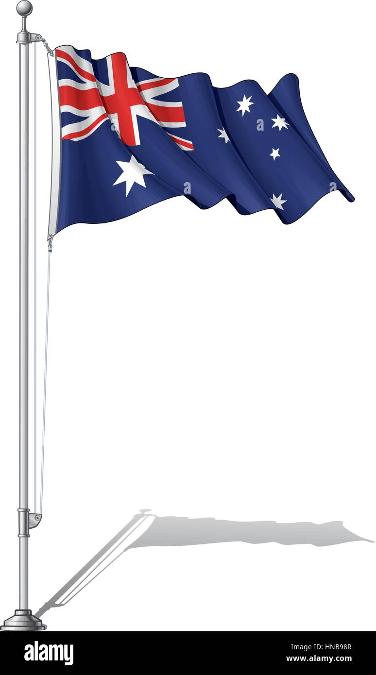 Illustrazione vettoriale di una sventola bandiera australiana fissare su un palo di bandiera. Bandiera e la pole in strati separati, linea tecnica di ombreggiatura e colore ordinatamente in gruppi Illustrazione Vettoriale