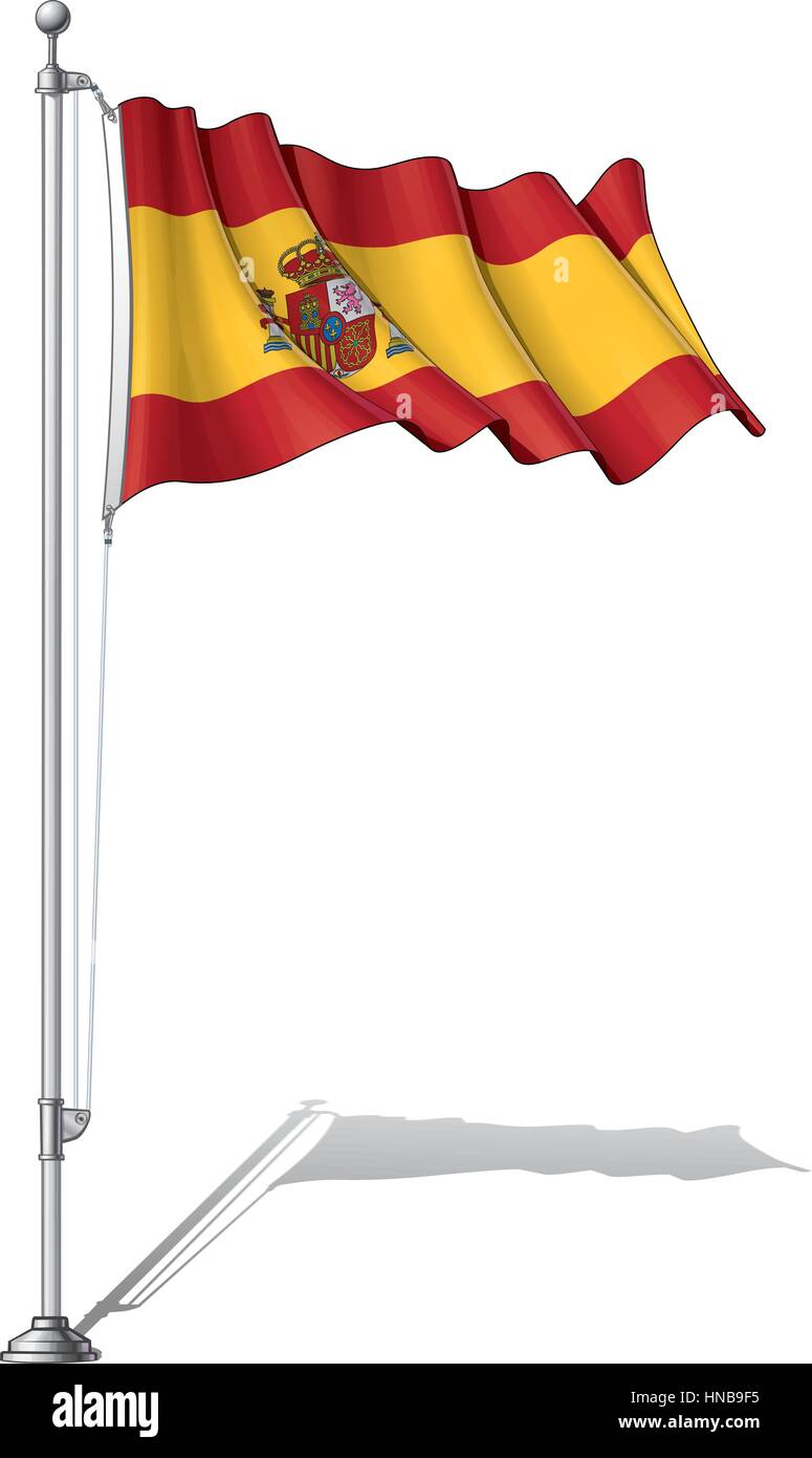 Illustrazione vettoriale di una sventola bandiera spagnola fissare su un palo di bandiera. Bandiera e la pole in strati separati, linea tecnica di ombreggiatura e colore ordinatamente in gruppi per Illustrazione Vettoriale