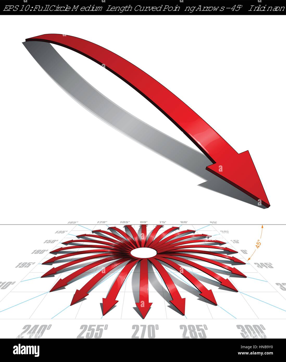 Set di media lunghezza frecce curve. Direzioni di puntamento ogni 15 gradi che copre un cerchio completo. Facile cambiare colore, conservare o rimuovere qualsiasi elemento con Illustrazione Vettoriale