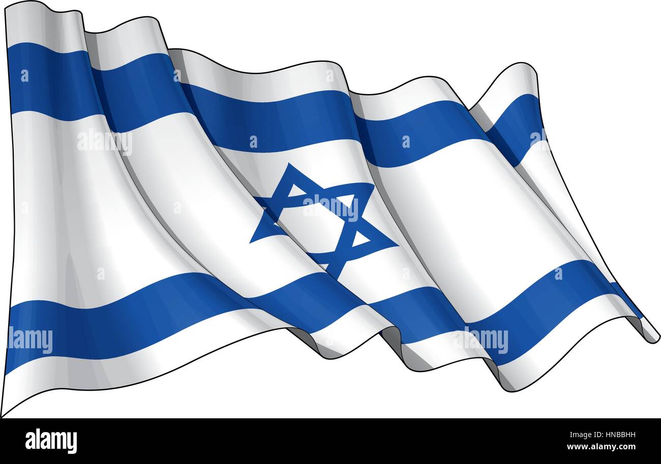 Illustrazione vettoriale di una sventola bandiera Israeliana. Tutti elementi ben organizzato. Righe, ombreggiature e colori di bandiera su livelli separati per operazioni di editing semplici. Illustrazione Vettoriale