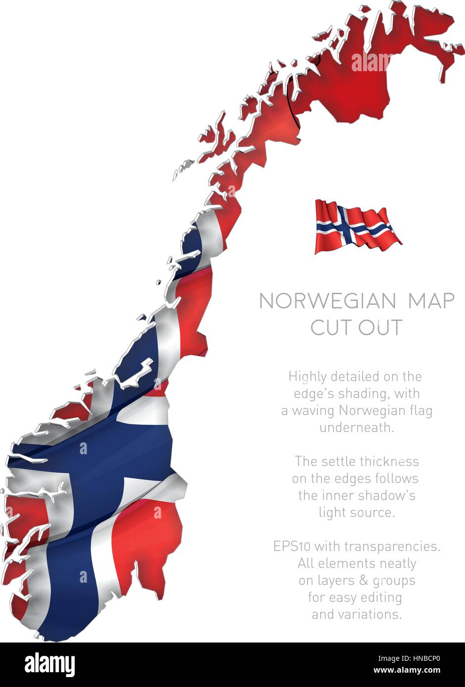 Illustrazione vettoriale di un taglio fuori Mappa di Norvegia con una sventola bandiera norvegese al di sotto. Tutti gli elementi ordinatamente su livelli e gruppi per operazioni di editing semplici e Illustrazione Vettoriale