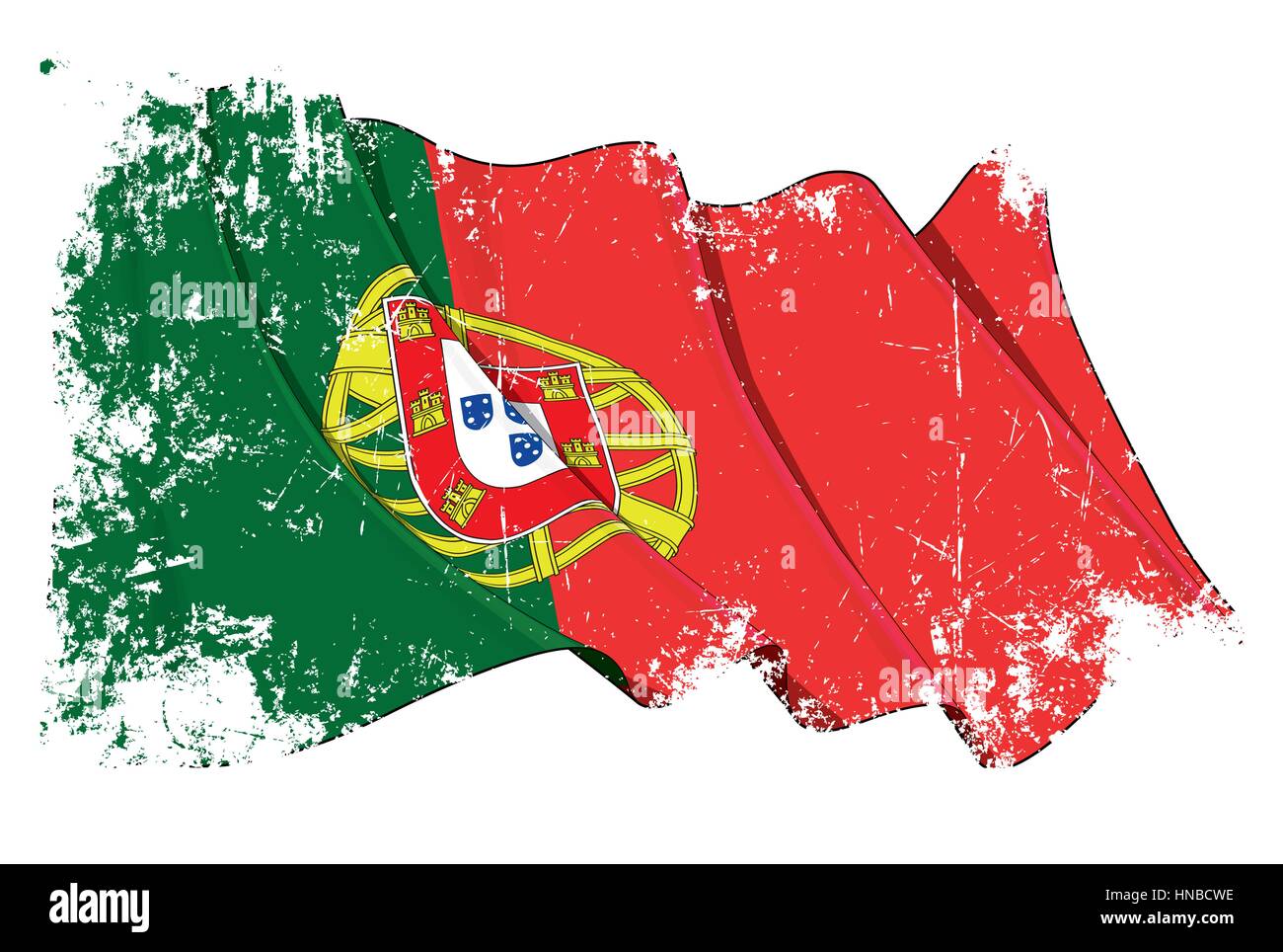 Grunge illustrazione vettoriale di un portoghese sventola bandiera. Tutti elementi ben organizzato. Texture, righe, ombreggiature e colori di bandiera su livelli separati per ea Illustrazione Vettoriale