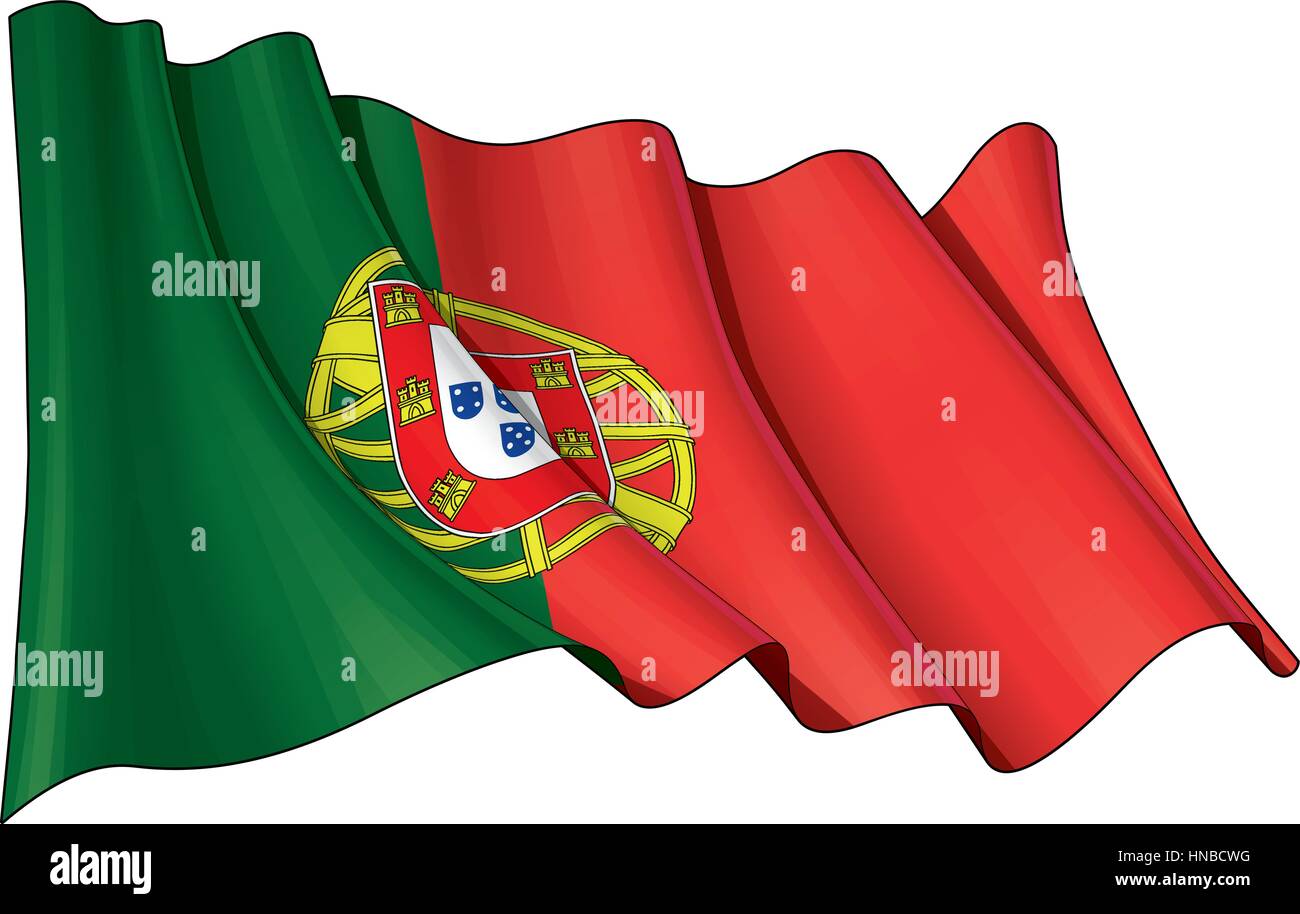 Illustrazione vettoriale di una sventola bandiera portoghese. Tutti elementi ben organizzato. Righe, ombreggiature e colori di bandiera su livelli separati per operazioni di editing semplici. Illustrazione Vettoriale