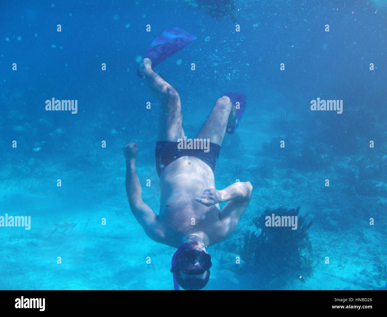 Gli uomini sott'acqua nel mar dei Caraibi a testa in giù Foto Stock