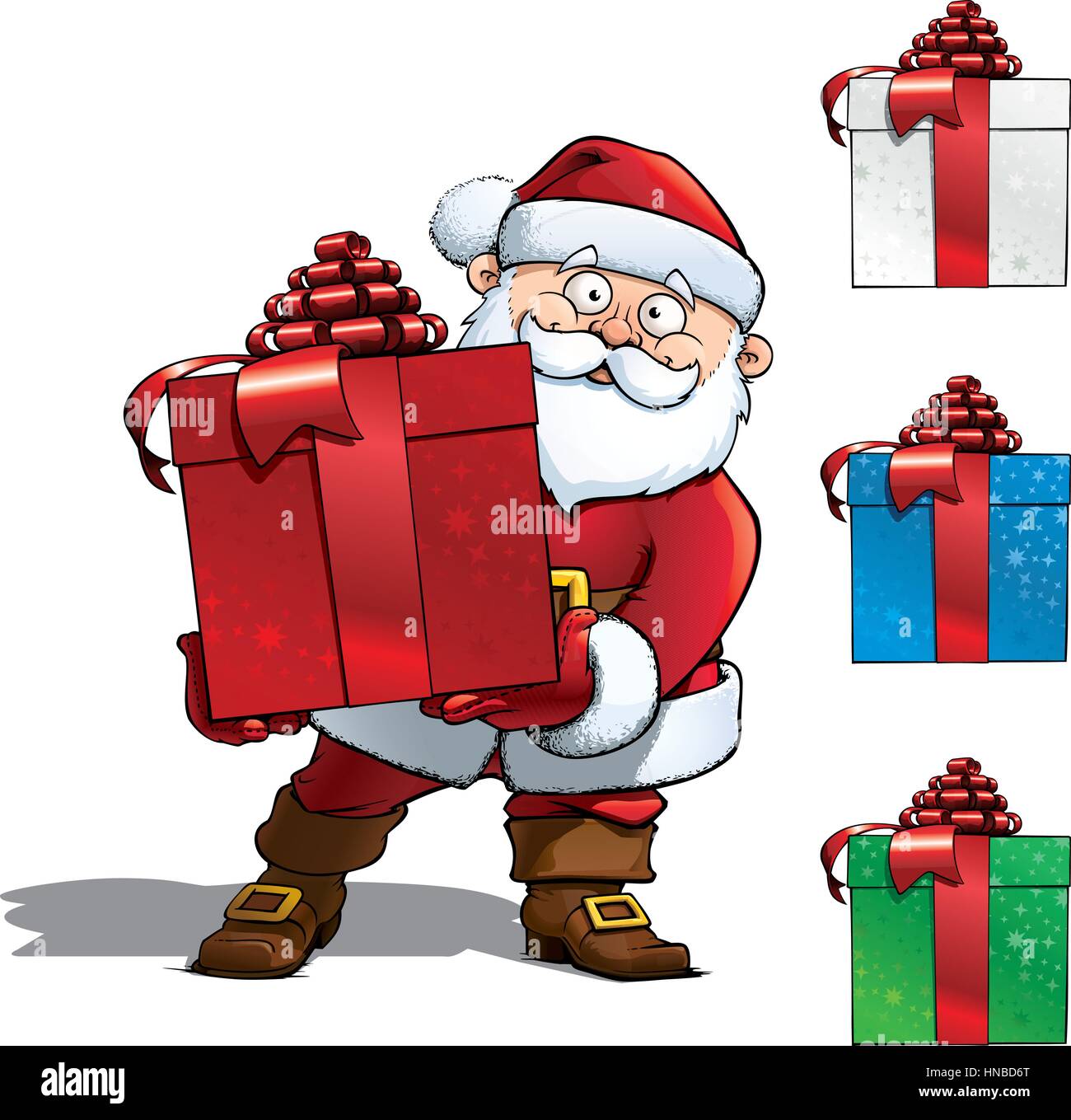 Santa tenendo un regalo rossa e 3 icone di regalo. Qualità superiore 28 Mpxl JPG anteprima. Illustrazione Vettoriale
