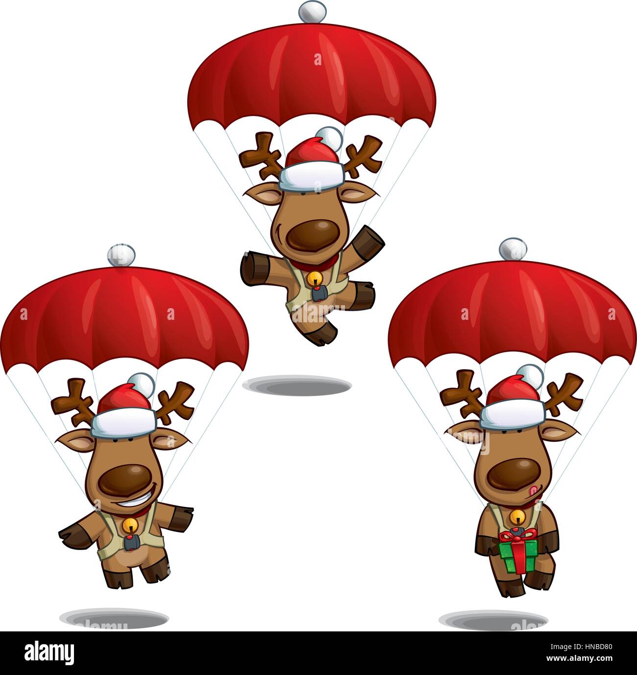 Set di cartoon illustrazioni di una Santa's elk che cade con paracadute pronto a terra in tre pone-temi. Ogni posa su livelli separati. Illustrazione Vettoriale