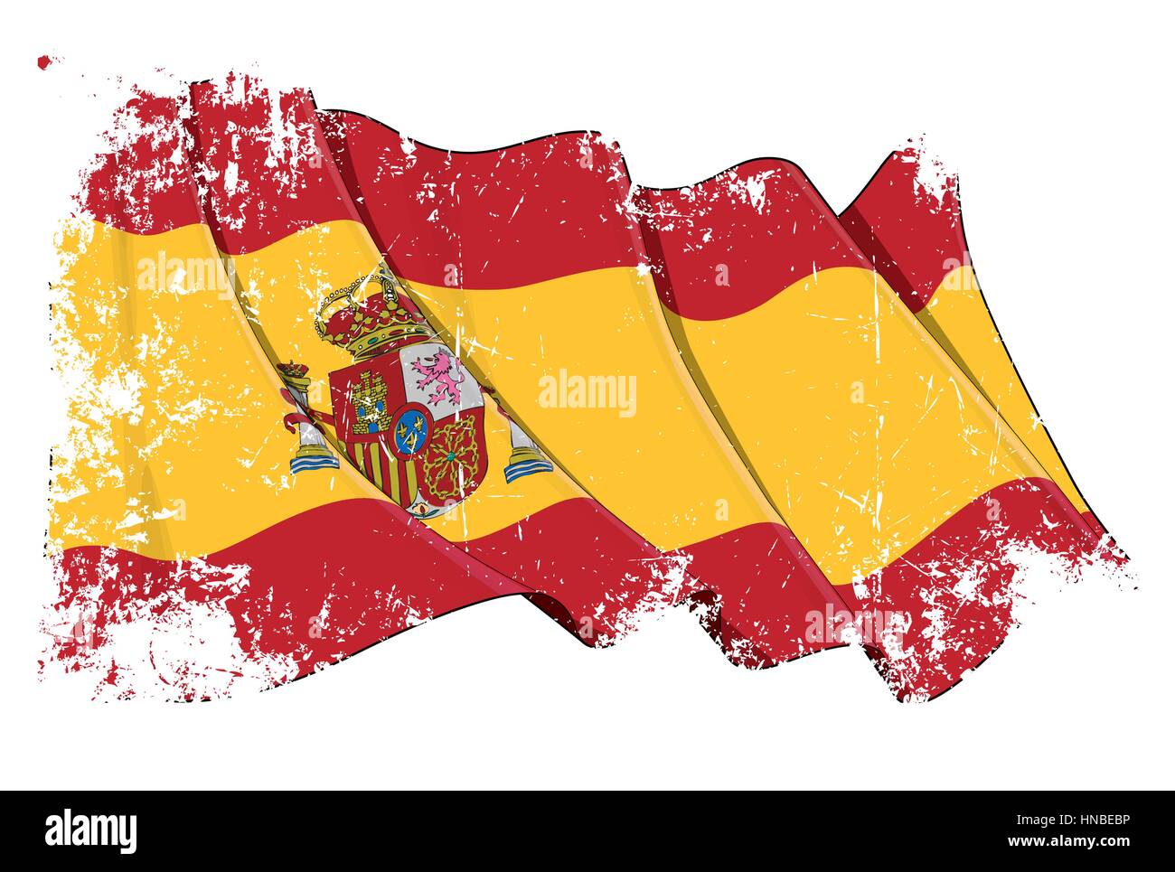 Grunge illustrazione vettoriale di una sventola bandiera spagnola. Tutti elementi ben organizzato. Texture, righe, ombreggiature e colori di bandiera su livelli separati per un facile Illustrazione Vettoriale