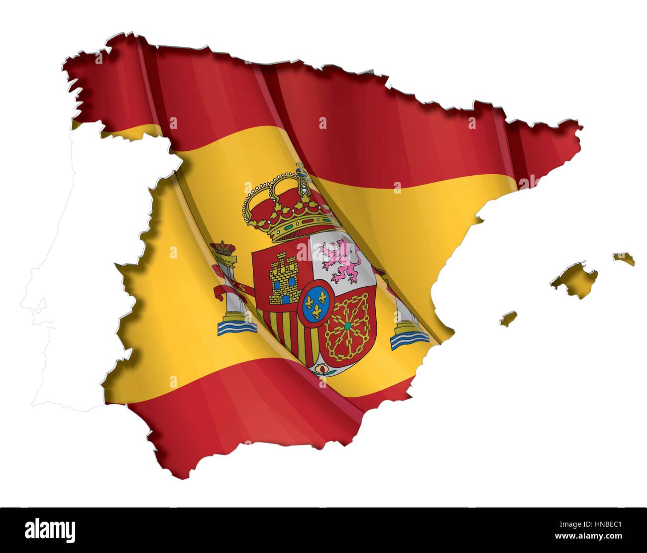 Mappa spagnolo cut-out, altamente dettagliate sul bordo di ombreggiatura, con un sventolando bandiere al di sotto. Il Settle spessore del taglio-fuori confine segue il inn Illustrazione Vettoriale