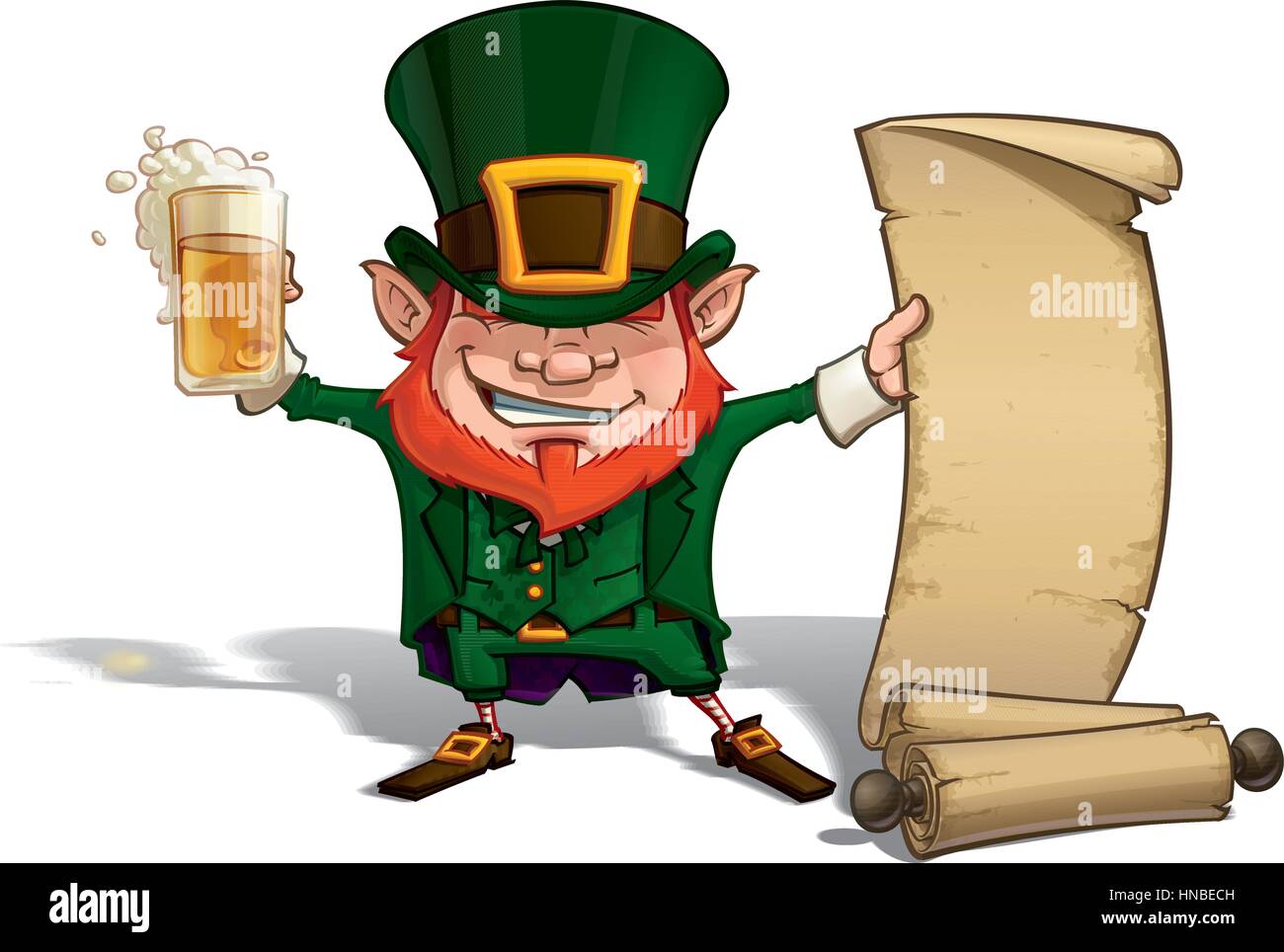 Vettore illustrazione del fumetto di San Patrizio tifo con una pinta di birra, tenendo in mano un vecchio scorrere. Illustrazione Vettoriale