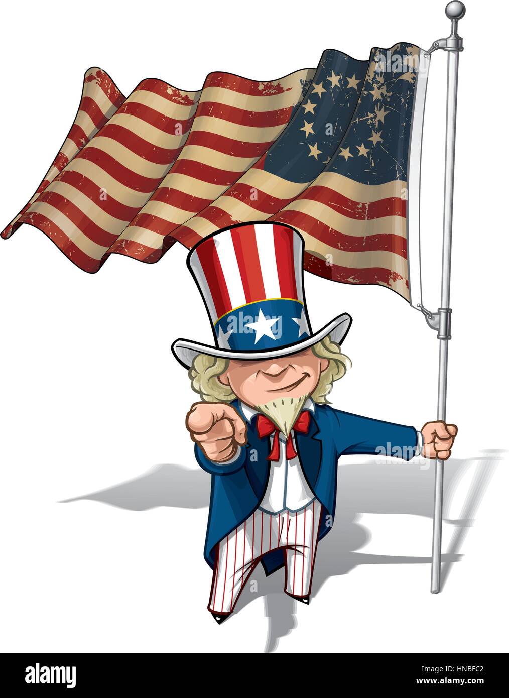 Vector Cartoon illustrazione dello zio Sam tenendo un Betsy Ross bandiera americana, puntando "Voglio che tu". Bandiera di consistenza e colore seppia può essere rimosso da t Illustrazione Vettoriale