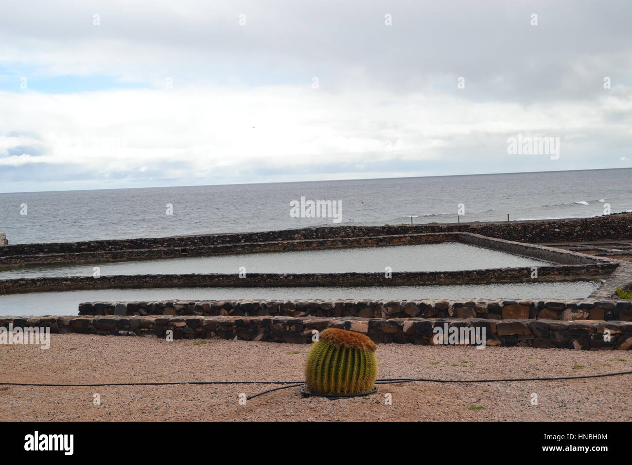 Un saltern, noto anche come sale di opere, in Caleta de Fuste, Fuerteventura, Isole Canarie. Foto Stock