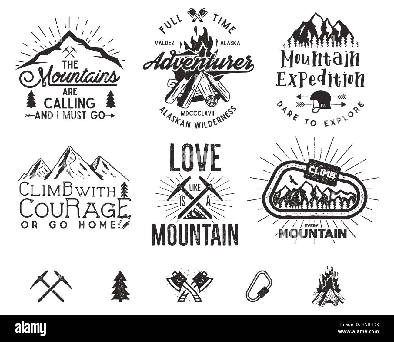 Set di arrampicata in montagna etichette, montagne expedition emblemi, vintage escursionismo sagome loghi ed elementi di design. Vector retrò stile di stampa in rilievo è Illustrazione Vettoriale