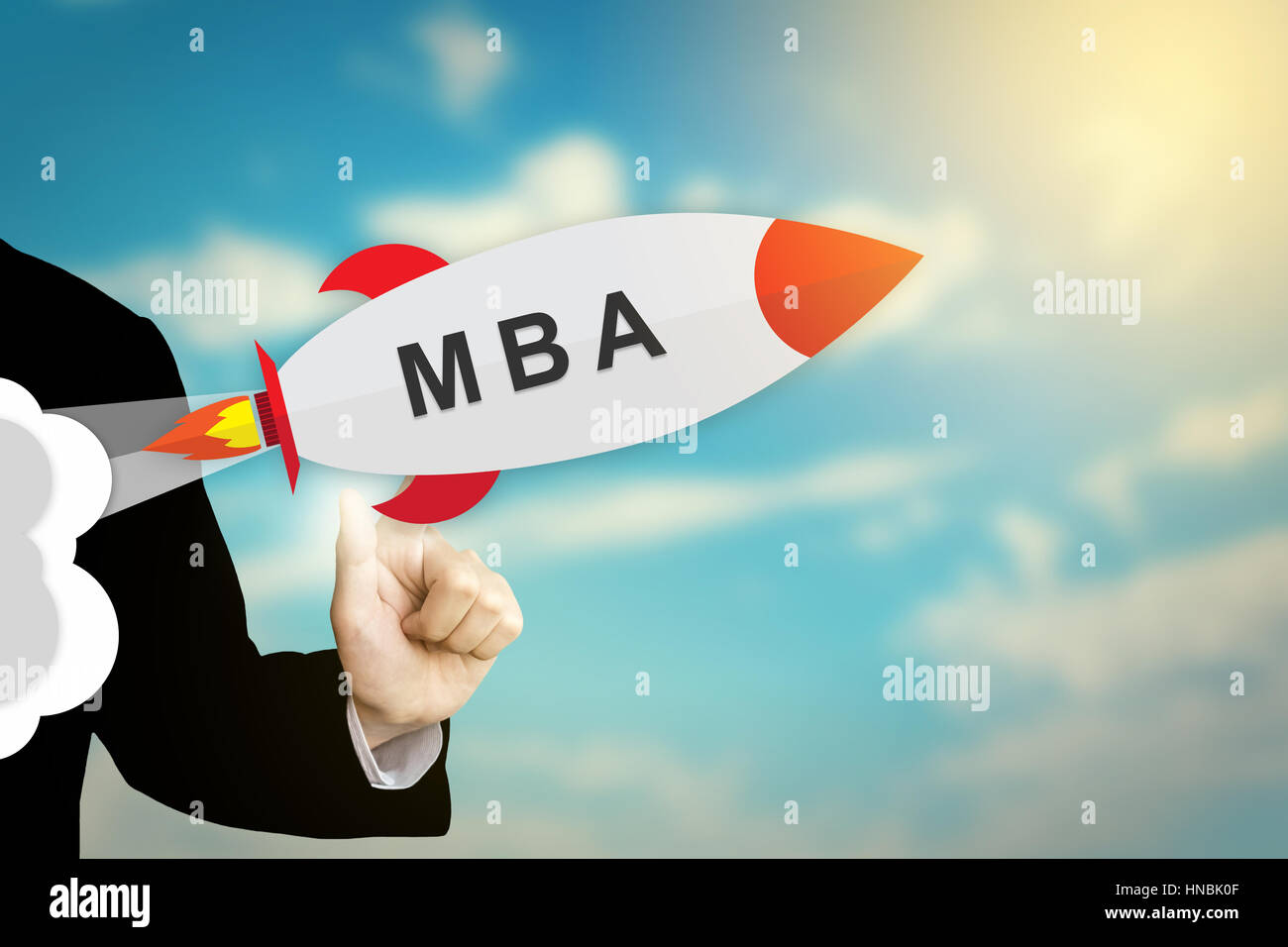 Mano di business facendo clic su MBA o Master of Business Administration design piatto rocket Foto Stock