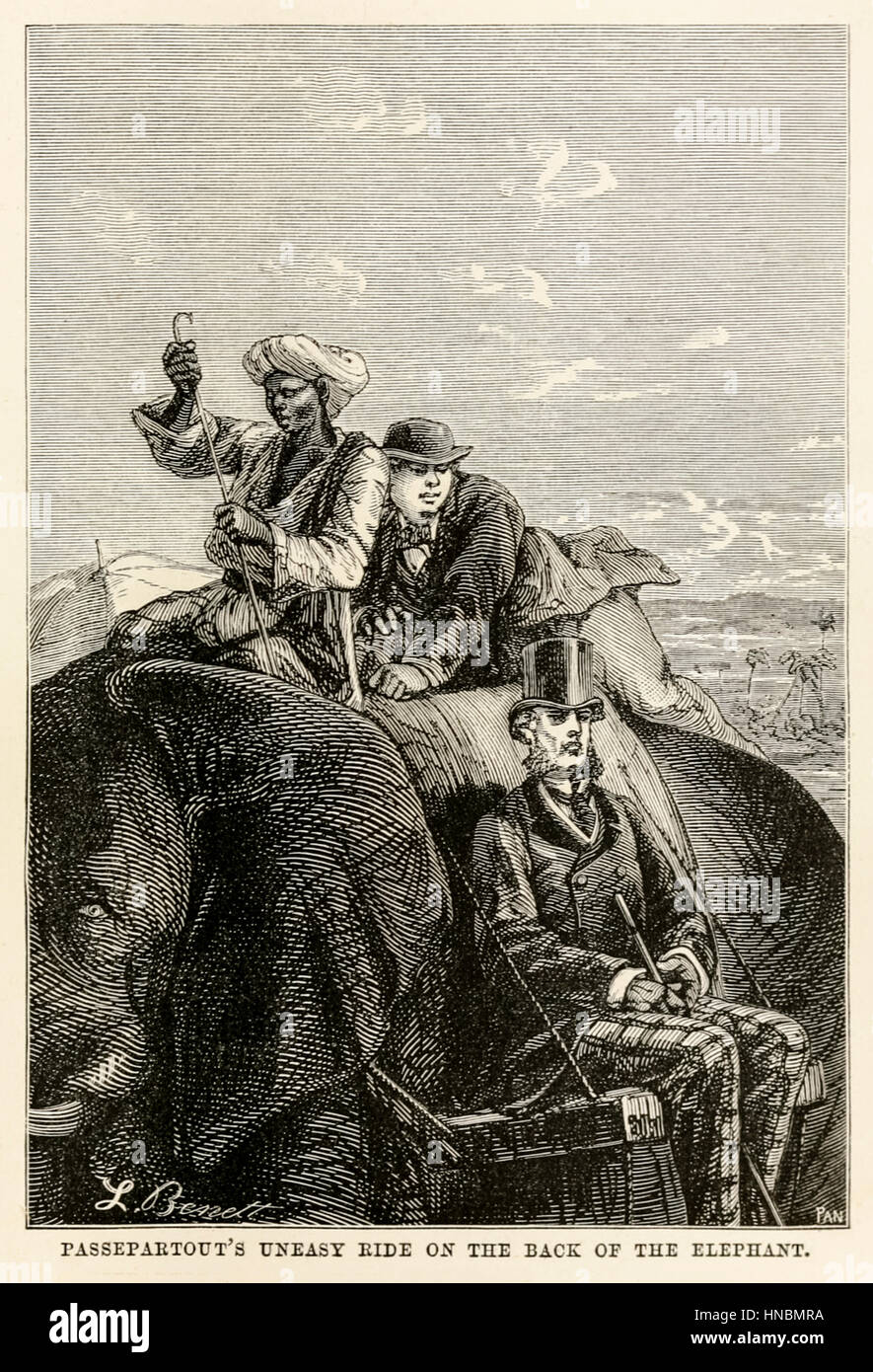 "Passepartout inquieto del giro sul retro dell'elefante". Da "il giro del mondo in ottanta giorni " di Jules Verne (1828-1905), pubblicato nel 1873 Illustrazione di Léon Benet (1839-1917) e da Adolphe François Pannemaker (1822-1900). Foto Stock